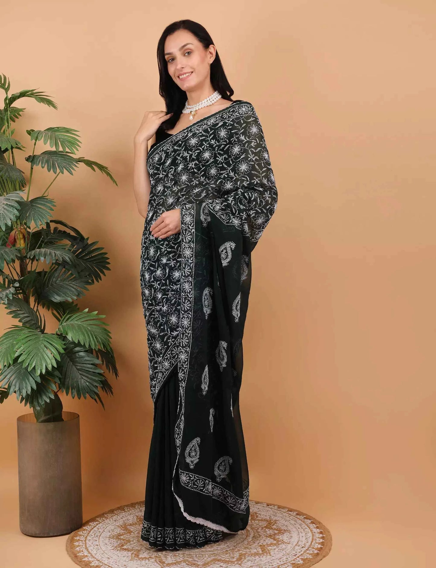 Women Dark Green Hand Embroidered Chikankari Mulmul Saree