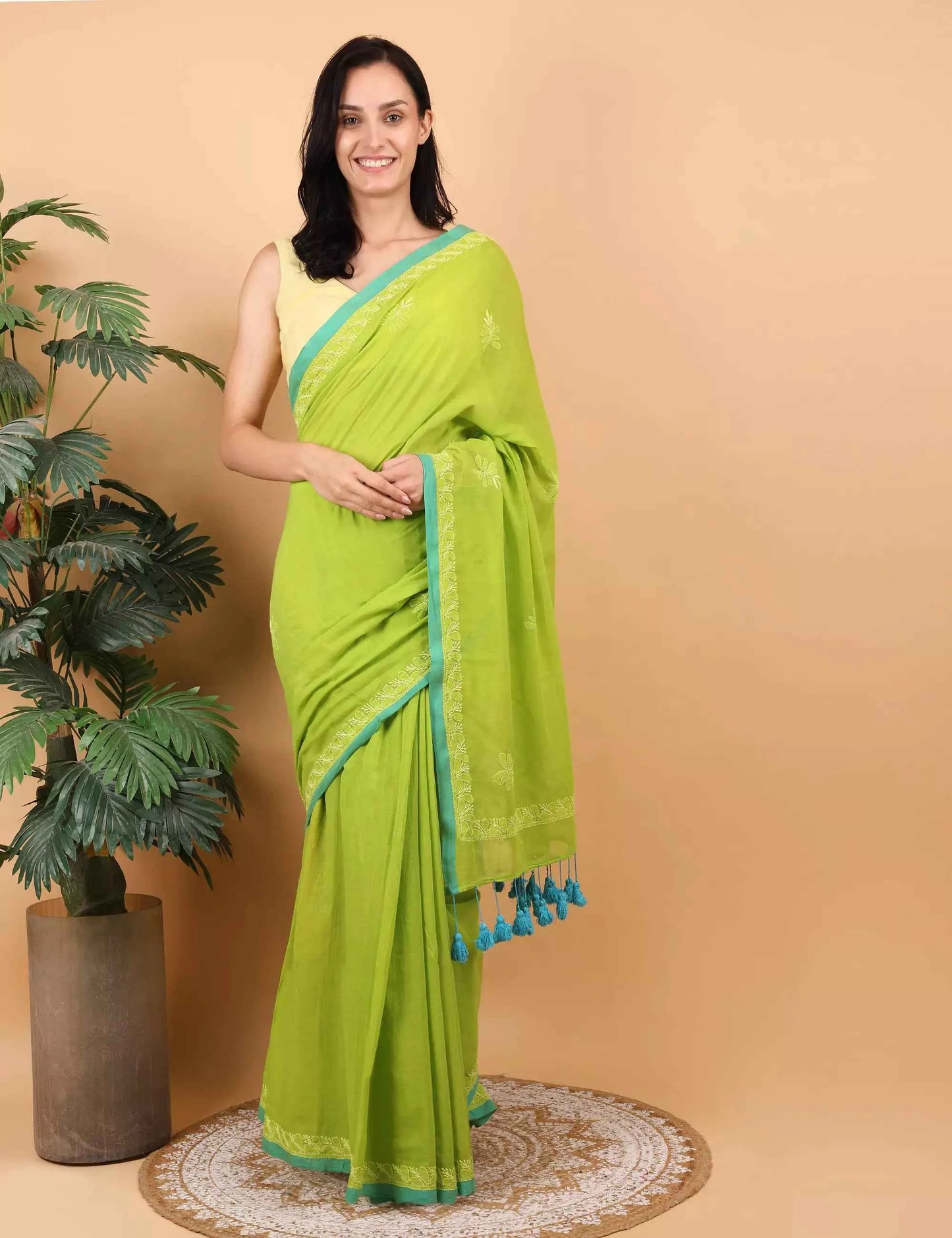 Women Parrot Green Hand Embroidered Chikankari Mulmul Saree