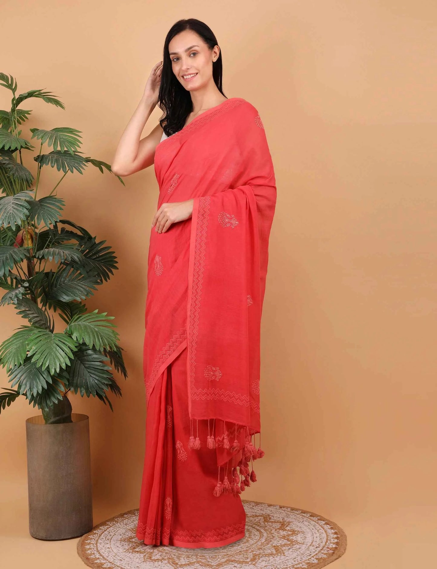 Shwet Women Coral Pink Hand Embroidered Chikankari Saree