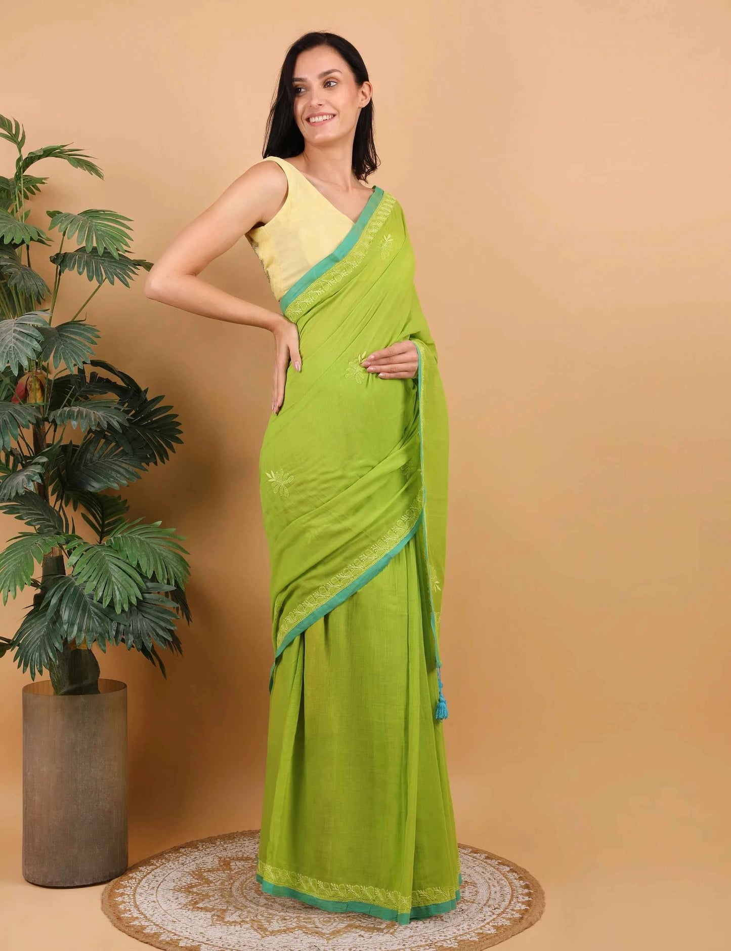 Women Parrot Green Hand Embroidered Chikankari Mulmul Saree