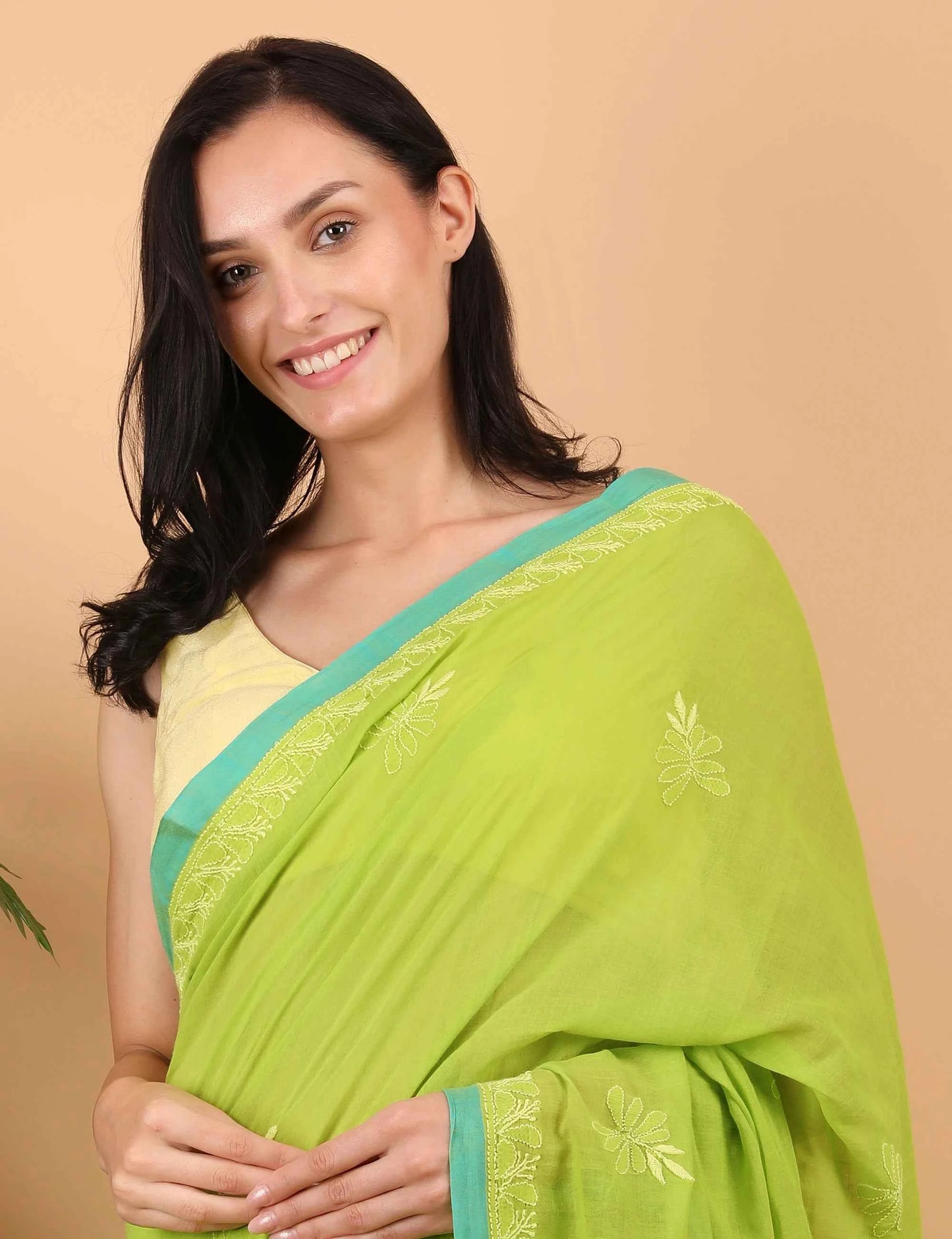 Women Parrot Green Hand Embroidered Chikankari Mulmul Saree