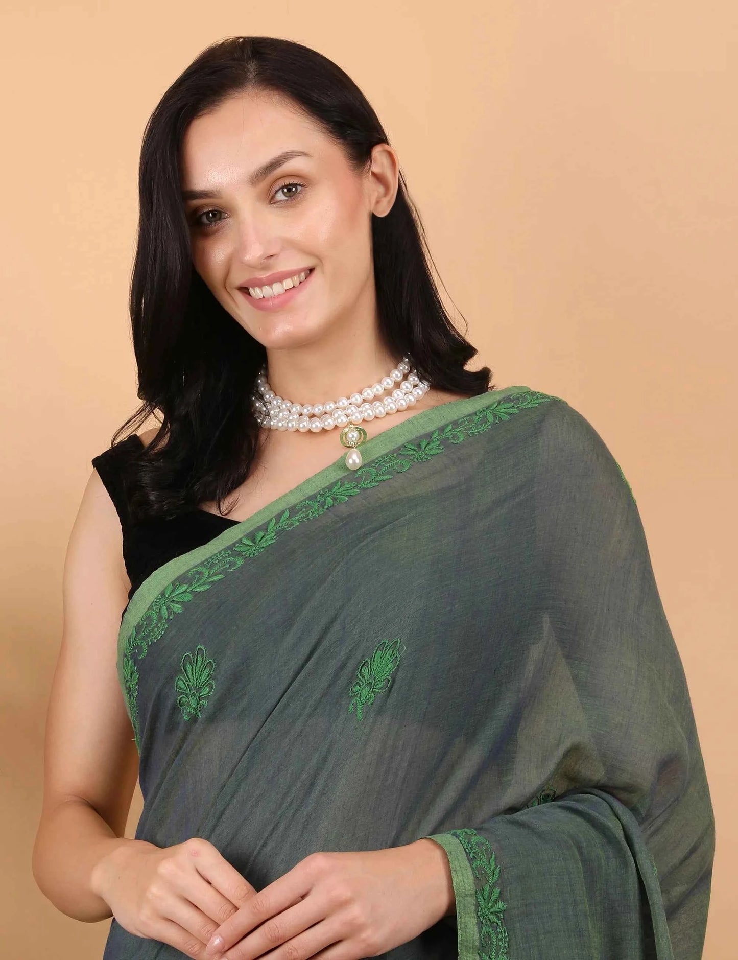 Shwet Women Dark Green Hand Embroidered Chikankari Mulmul Saree