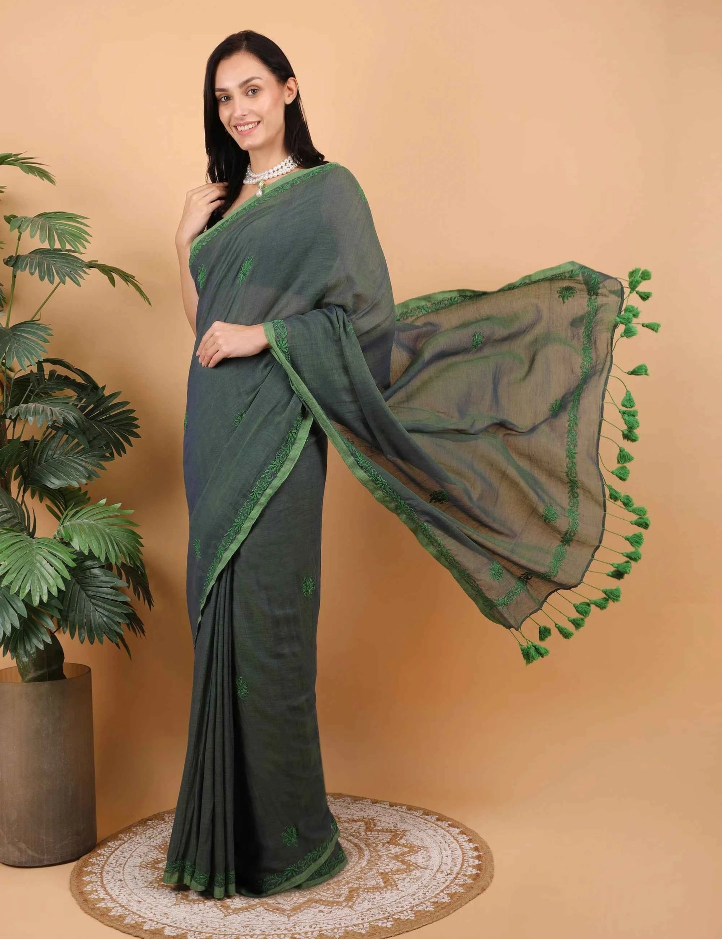 Shwet Women Dark Green Hand Embroidered Chikankari Mulmul Saree