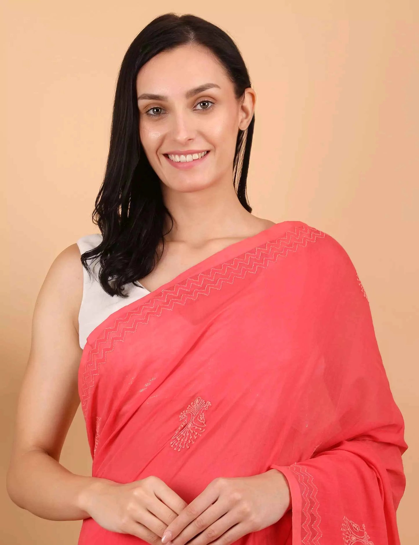 Shwet Women Coral Pink Hand Embroidered Chikankari Saree