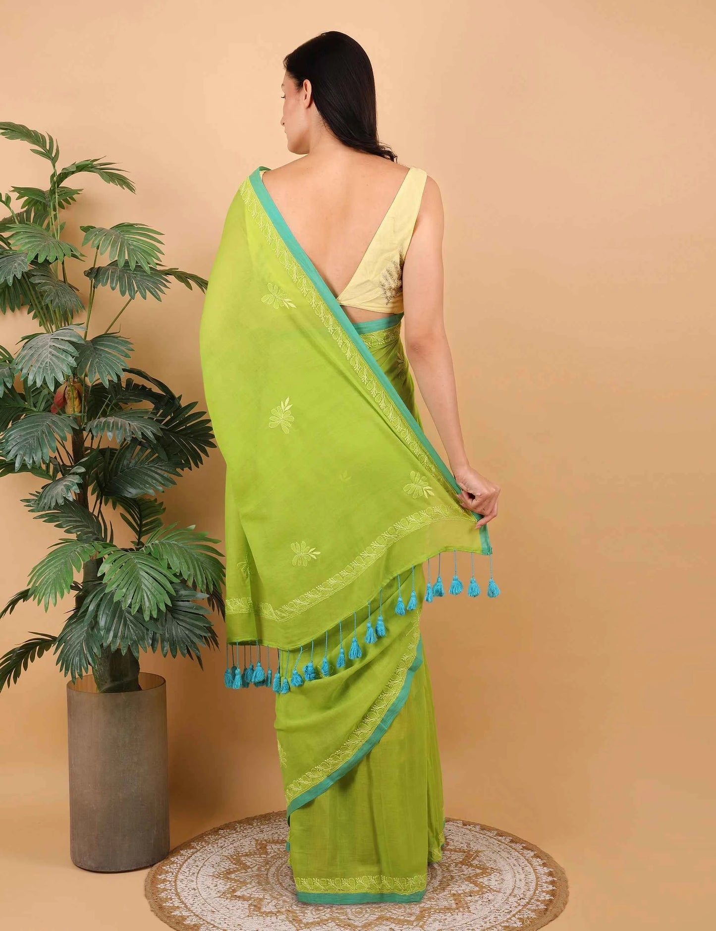 Women Parrot Green Hand Embroidered Chikankari Mulmul Saree