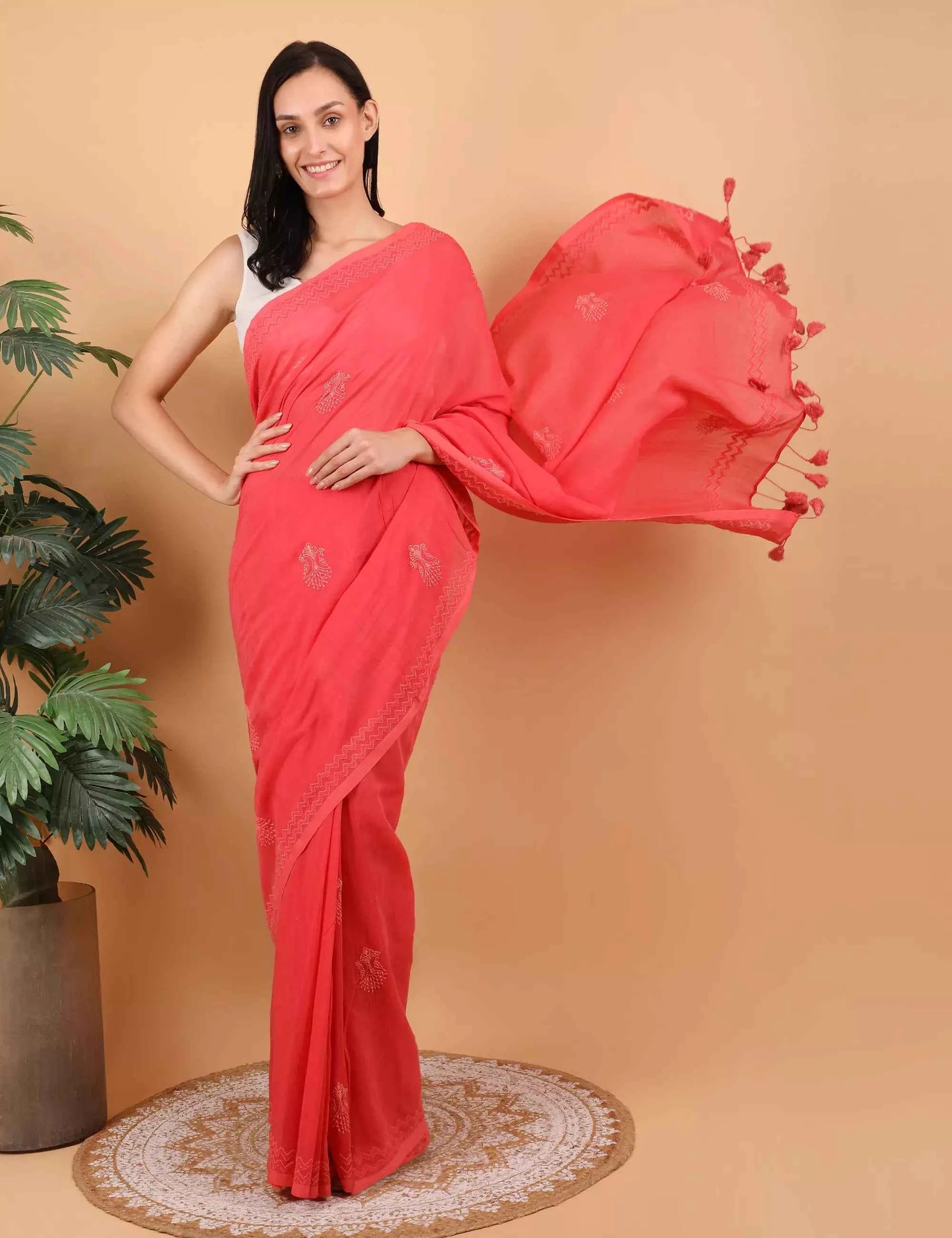 Shwet Women Coral Pink Hand Embroidered Chikankari Saree