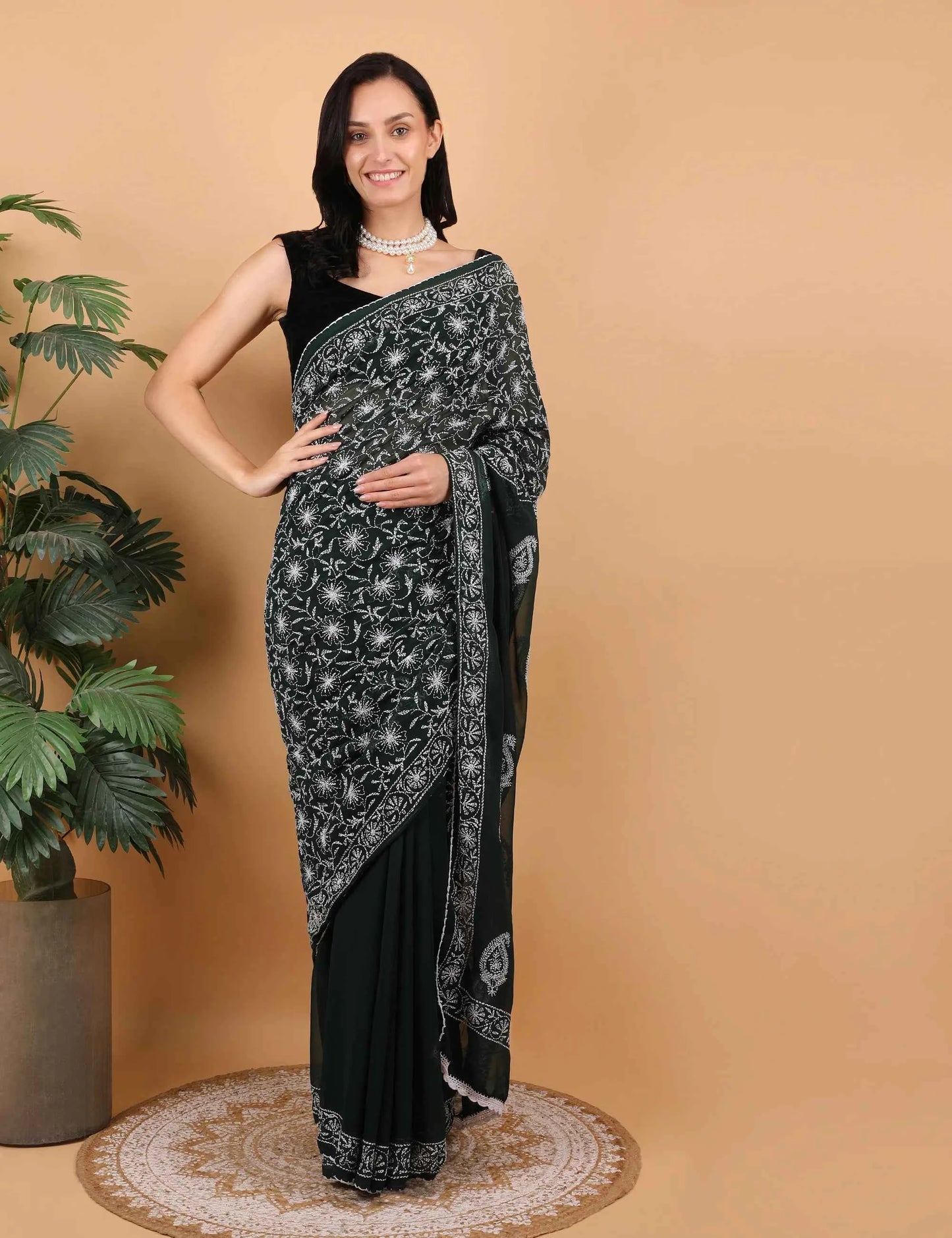 Women Dark Green Hand Embroidered Chikankari Mulmul Saree
