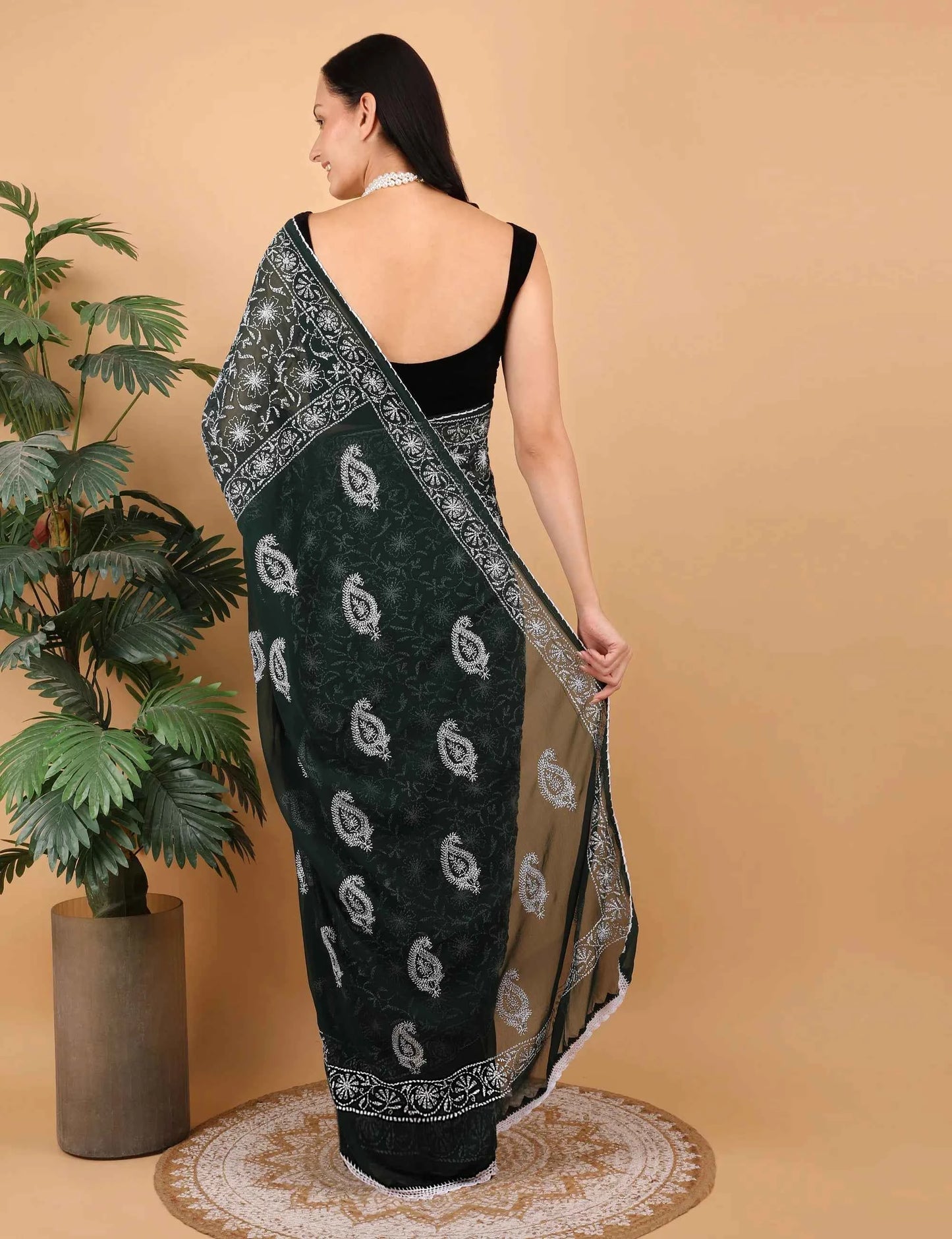 Women Dark Green Hand Embroidered Chikankari Mulmul Saree