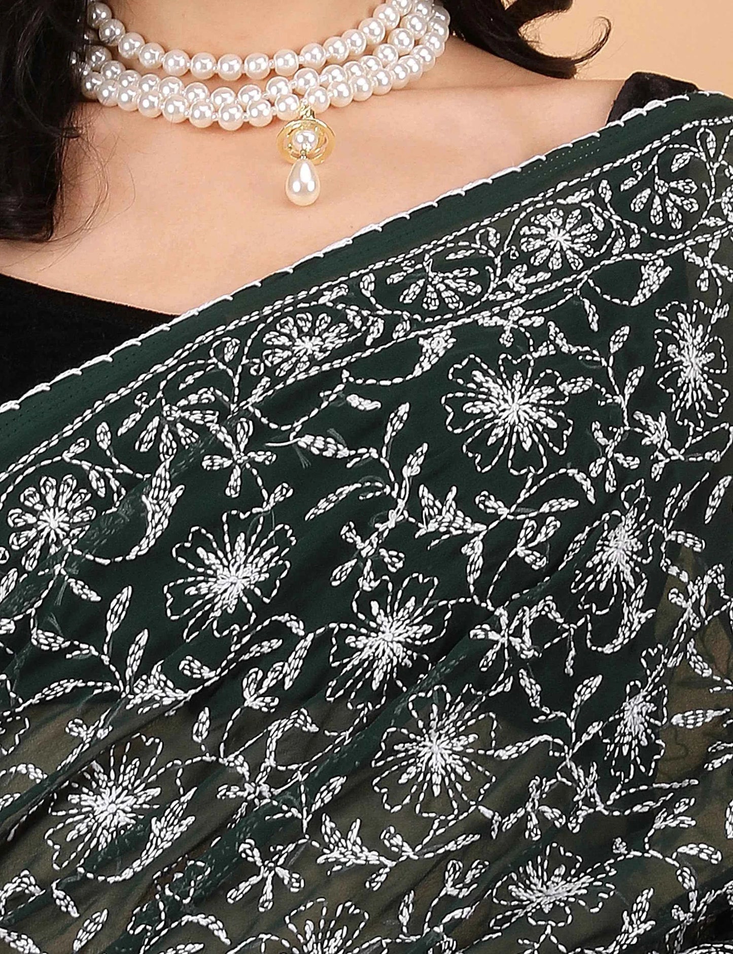 Women Dark Green Hand Embroidered Chikankari Mulmul Saree