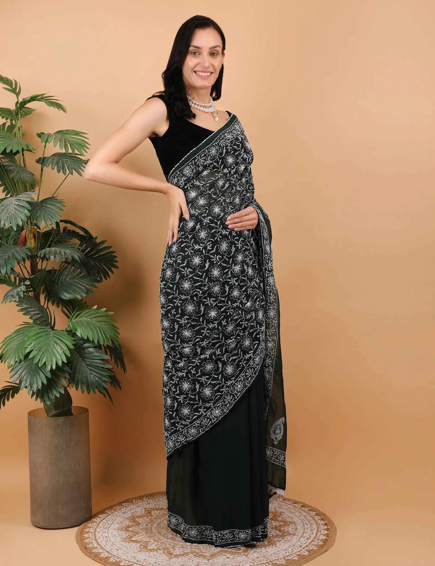 Women Dark Green Hand Embroidered Chikankari Mulmul Saree