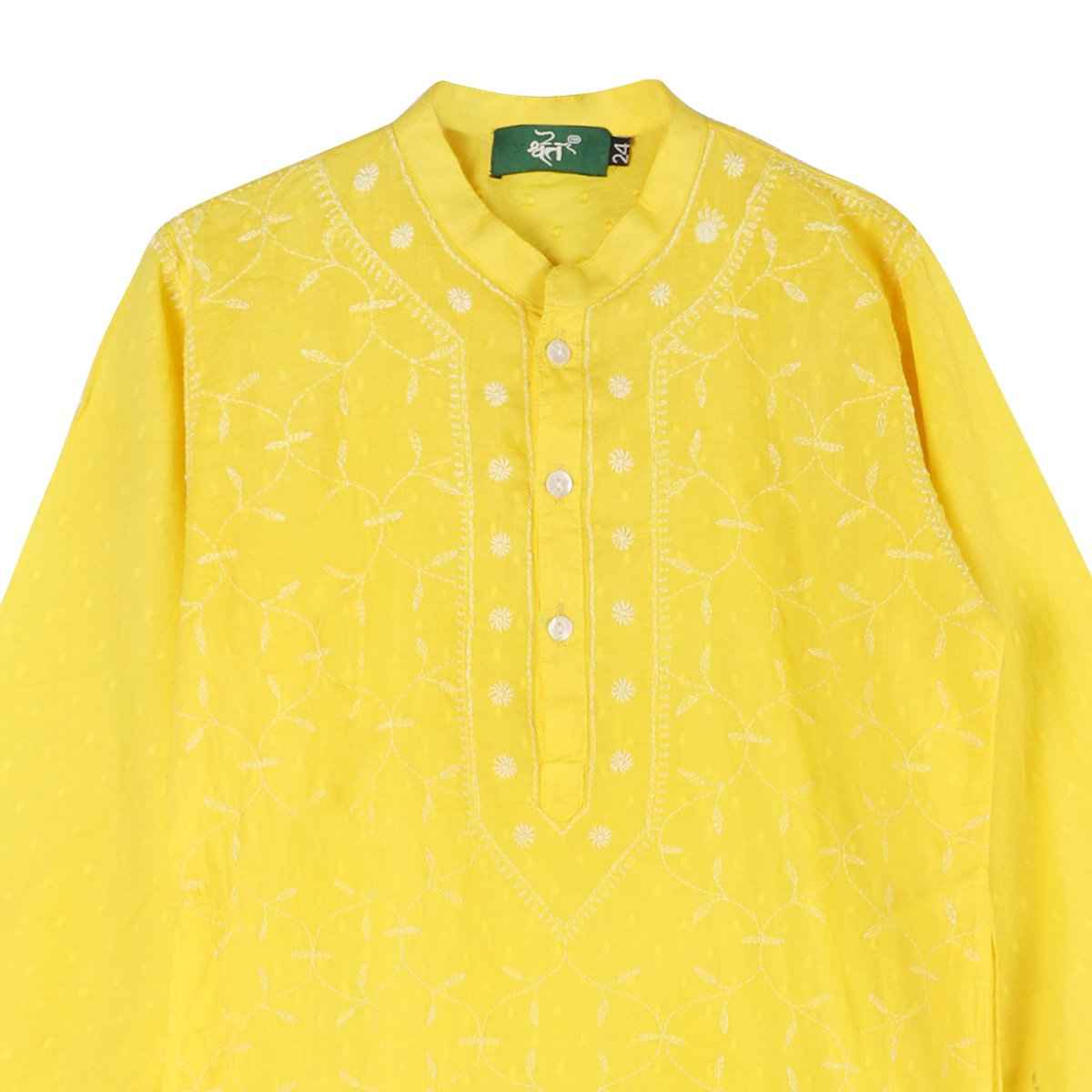 Shwet Chikankari Yellow Cotton Boy Kurta Payjama - Ethnic Wear with Hand Embroidery