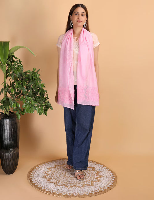 Shwet Women Pink Chikankari Chanderi Stole
