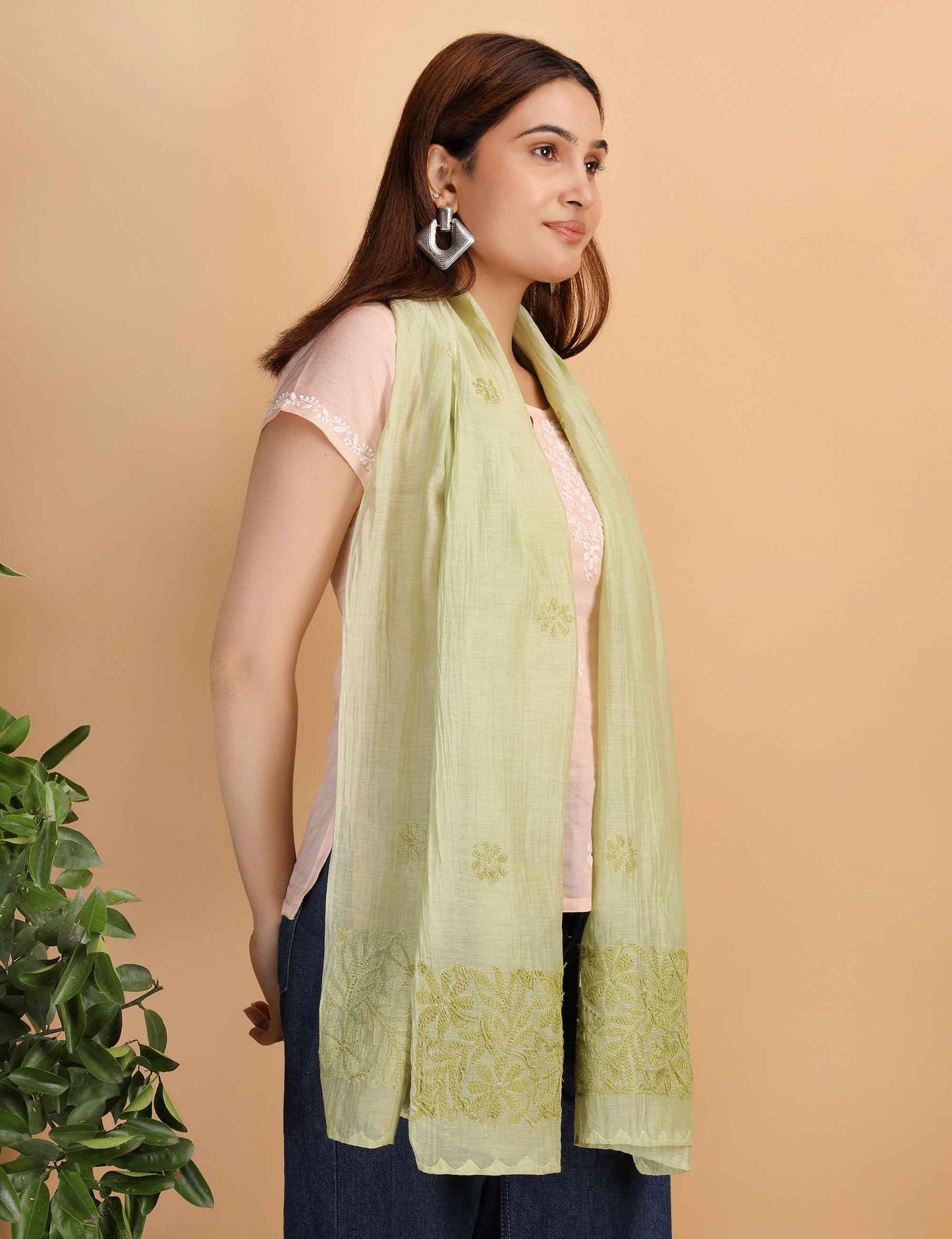 Shwet Women Green Chikankari Chanderi Stole