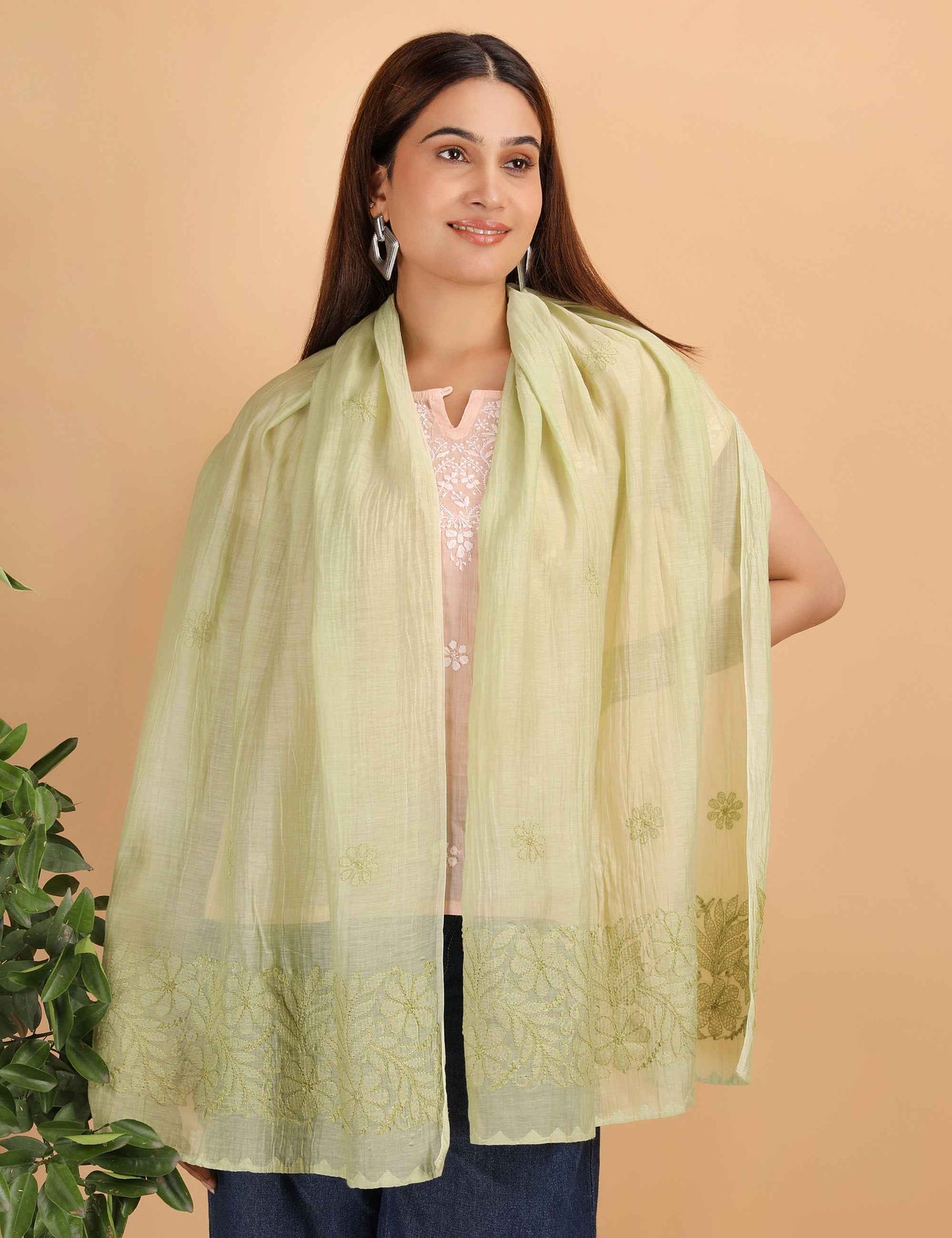 Shwet Women Green Chikankari Chanderi Stole