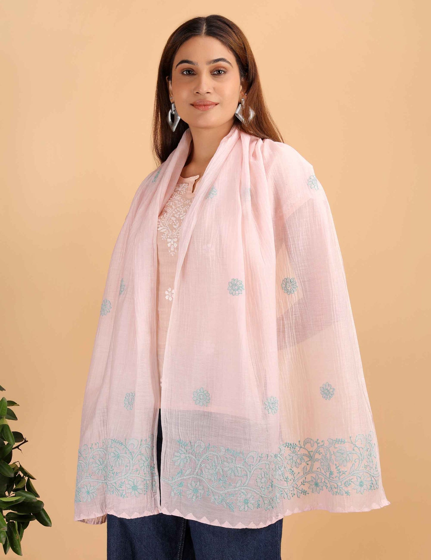 Shwet Women Peach Chikankari Chanderi Stole