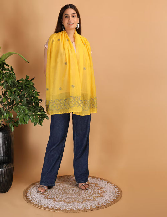 Shwet Women Yellow Chikankari Chanderi Stole