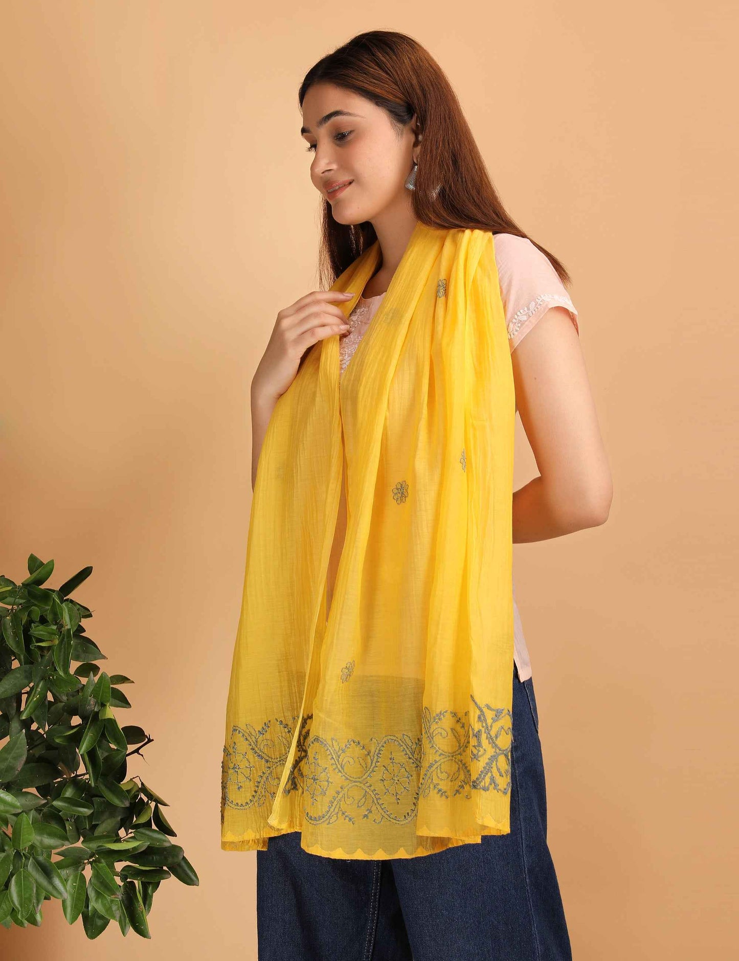 Shwet Women Yellow Chikankari Chanderi Stole