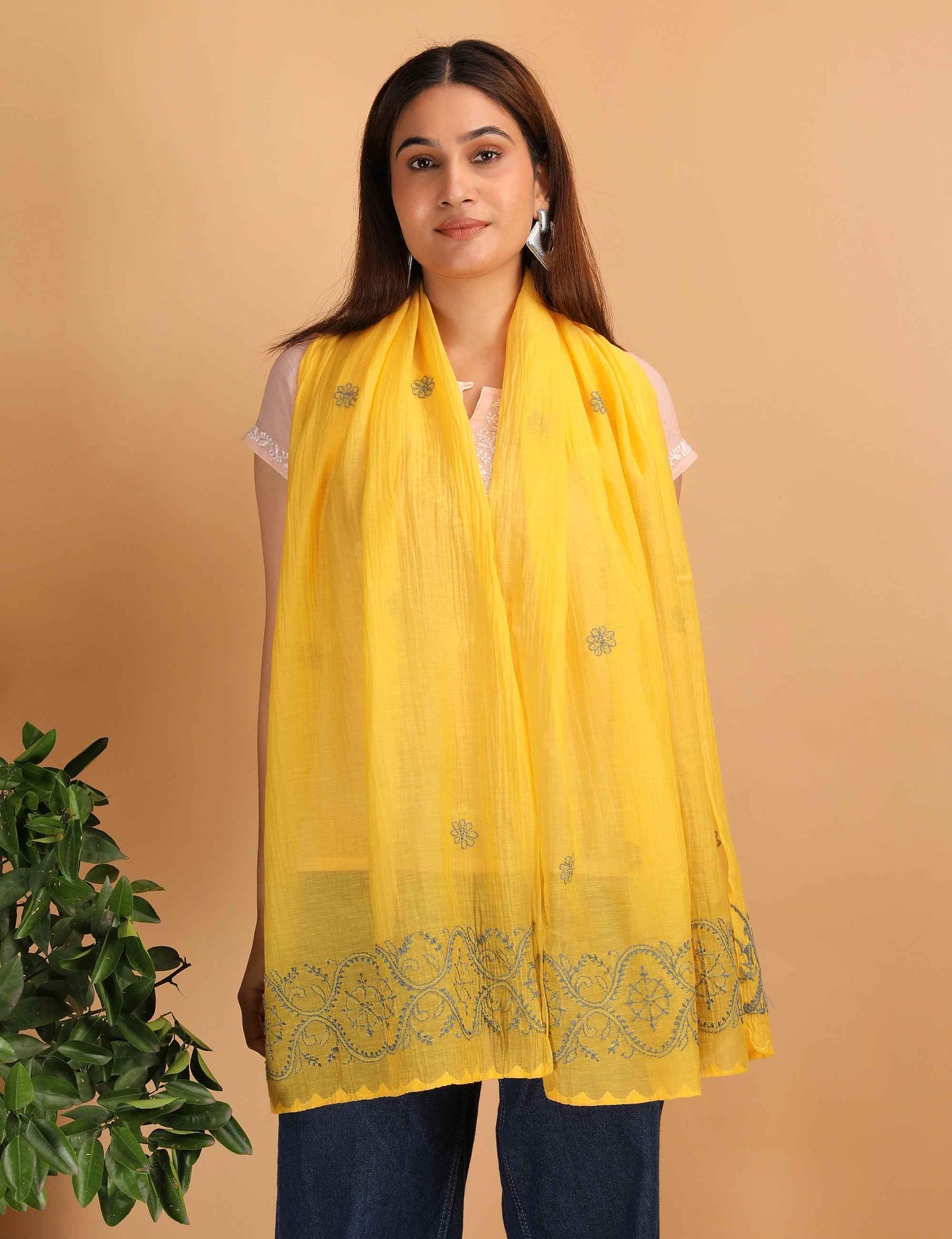 Shwet Women Yellow Chikankari Chanderi Stole