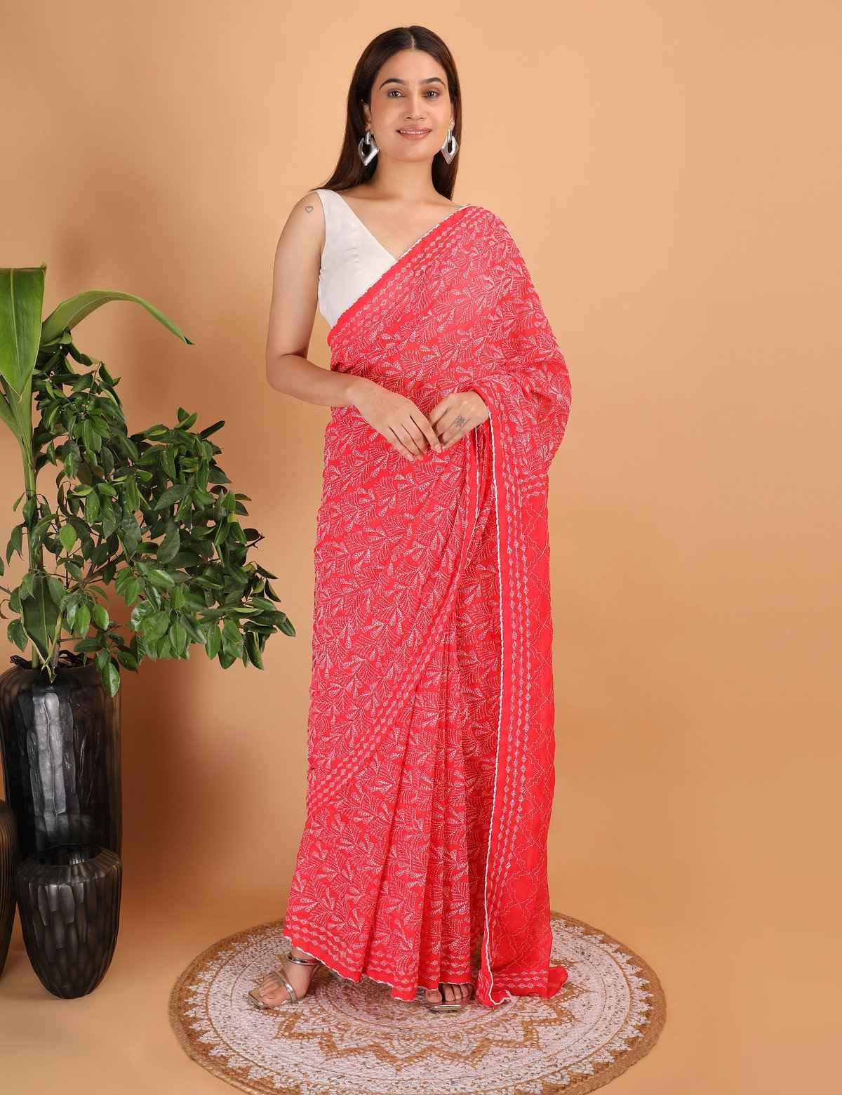 Shwet Red Chikankari Georgette Saree