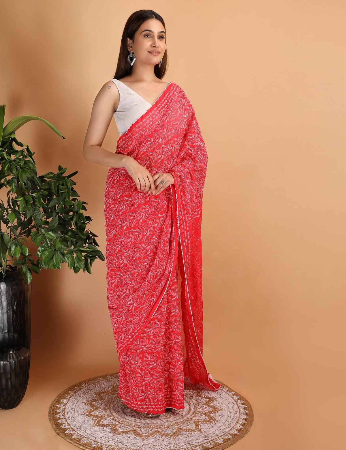 Shwet Red Chikankari Georgette Saree