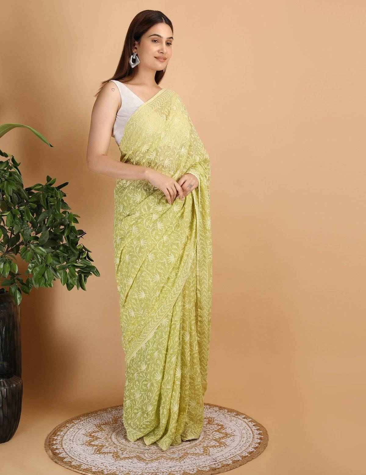 Shwet Parrot Green Kota Cotton Chikankari Saree