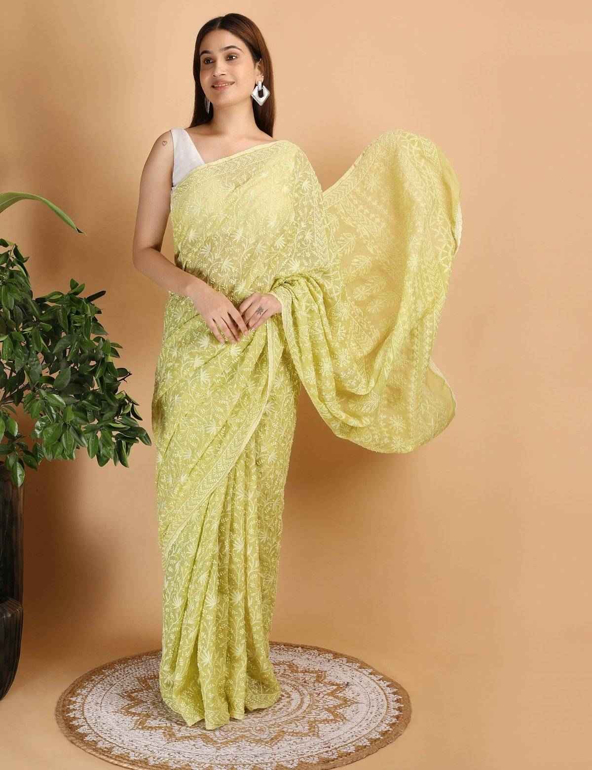 Shwet Parrot Green Kota Cotton Chikankari Saree