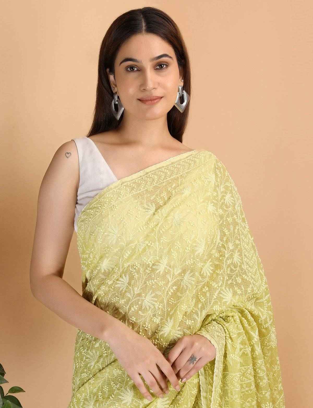Shwet Parrot Green Kota Cotton Chikankari Saree