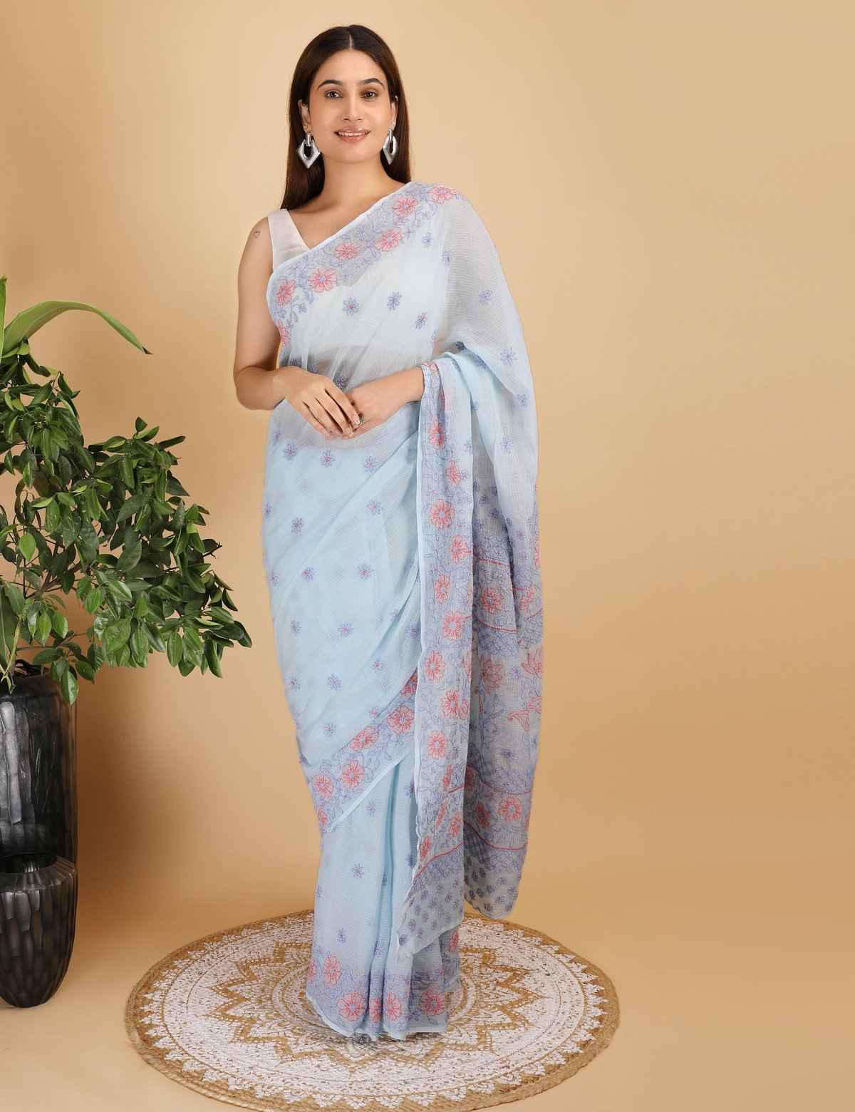 Shwet Sky Blue and Peach Kota Cotton Chikankari Saree