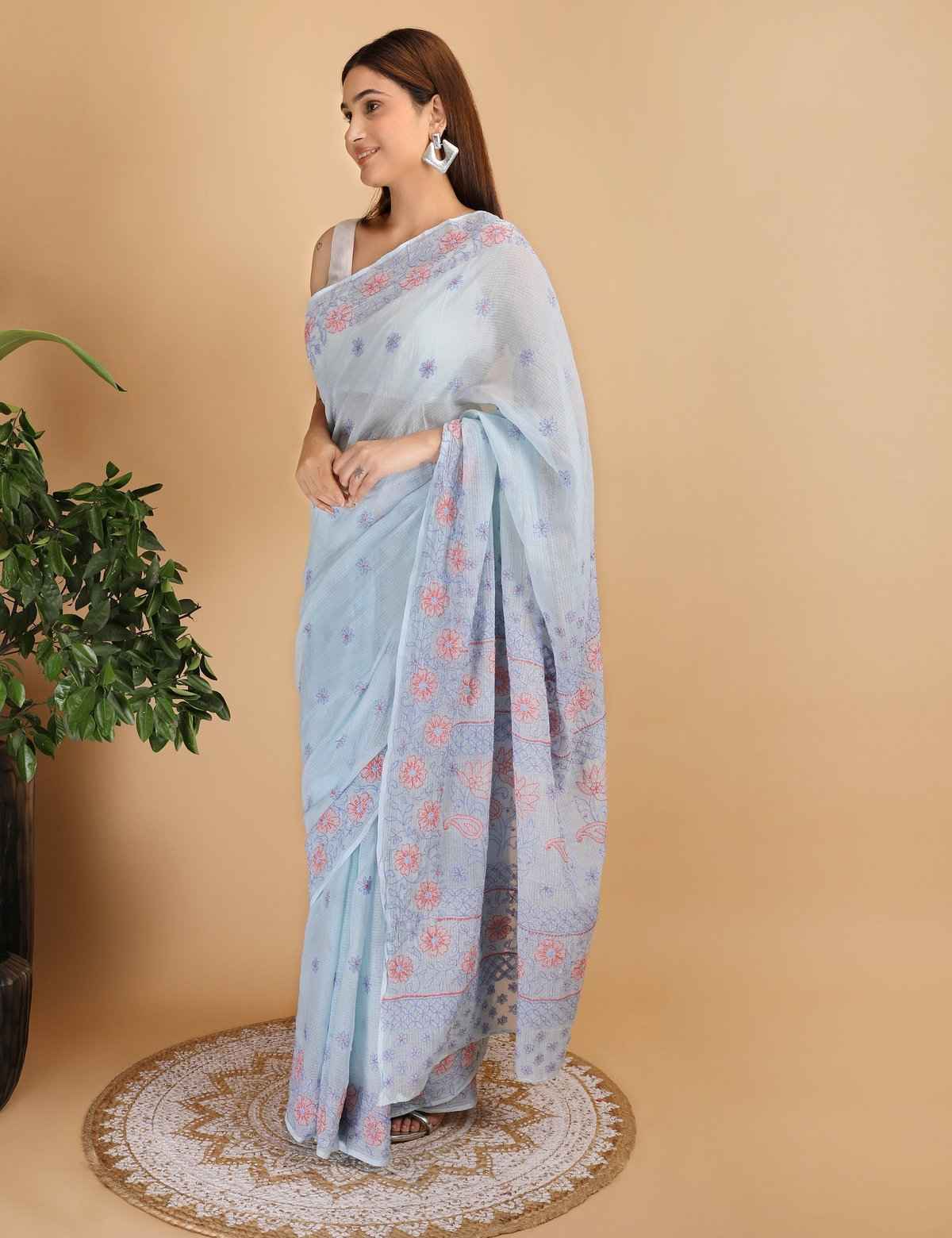 Shwet Sky Blue and Peach Kota Cotton Chikankari Saree