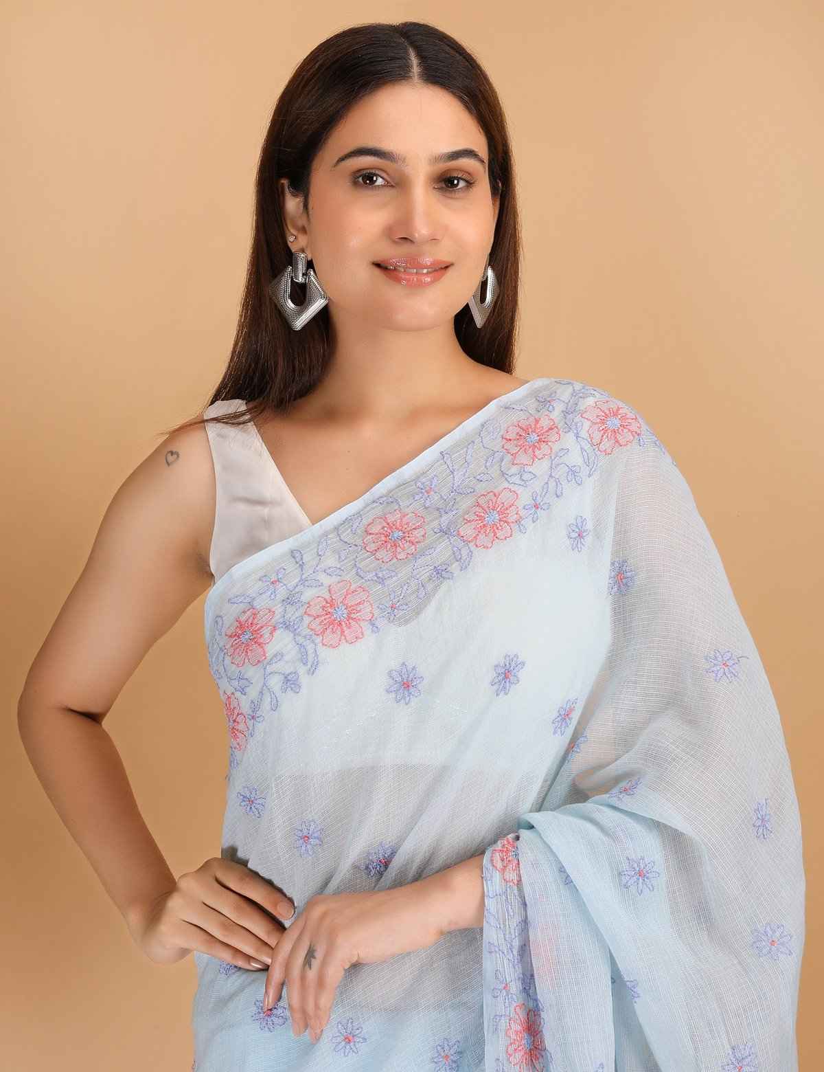 Shwet Sky Blue and Peach Kota Cotton Chikankari Saree