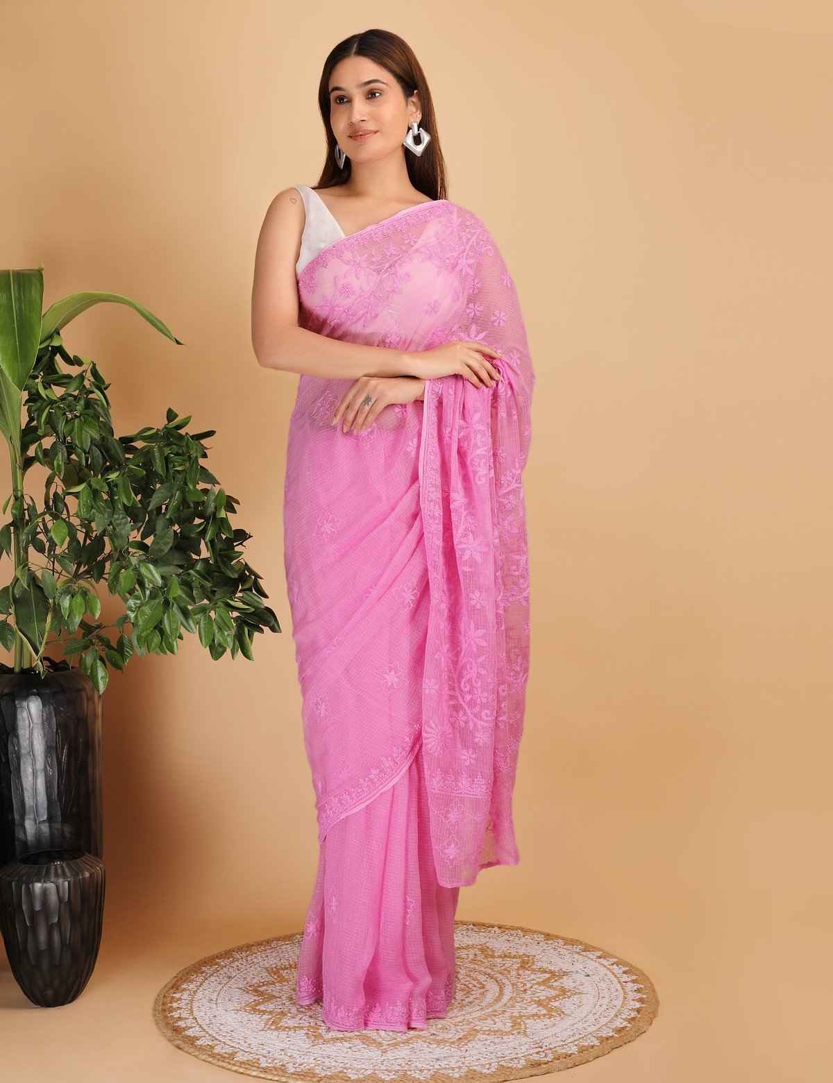 Shwet Magenta Kota Cotton Chikankari Saree