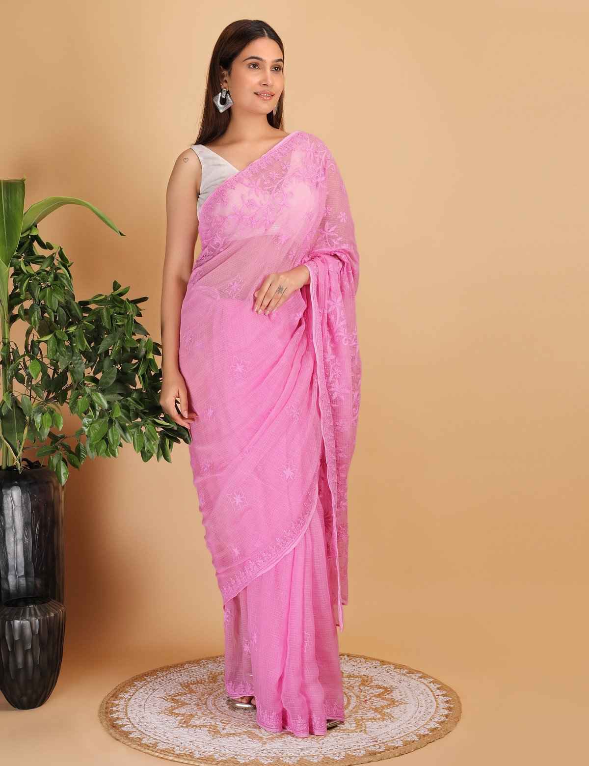 Shwet Magenta Kota Cotton Chikankari Saree
