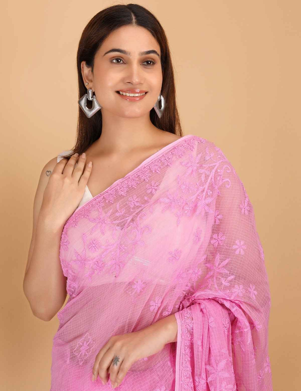 Shwet Magenta Kota Cotton Chikankari Saree