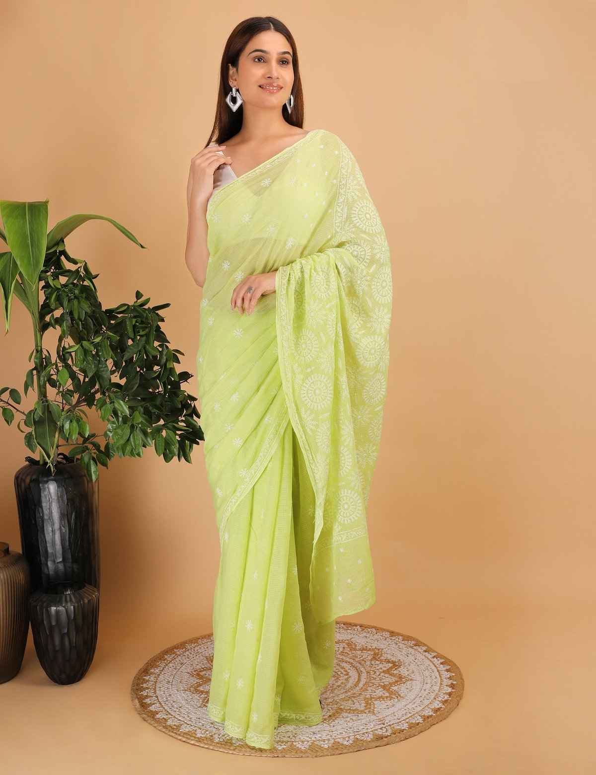 Shwet Light Green Kota Cotton Chikankari Saree