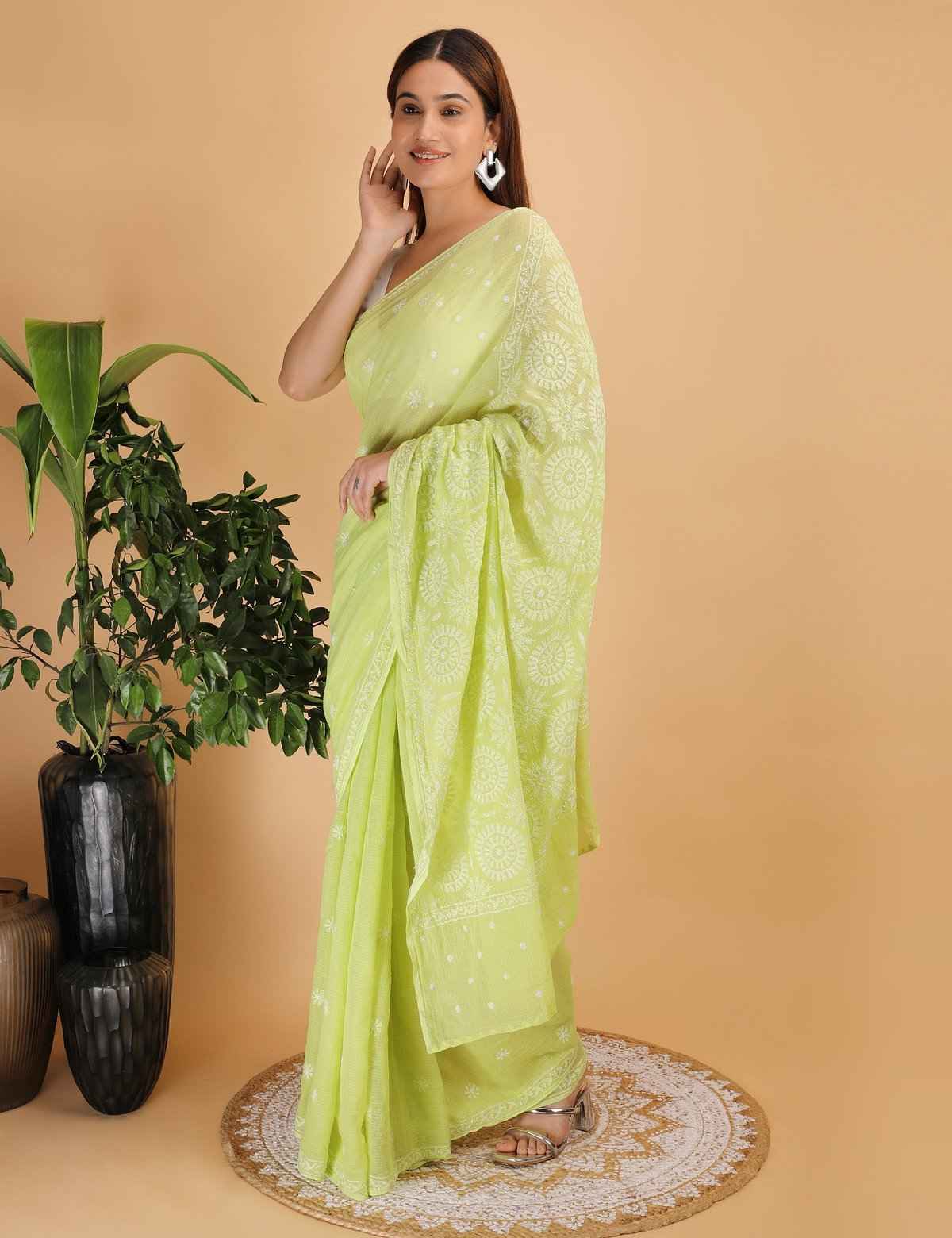 Shwet Light Green Kota Cotton Chikankari Saree