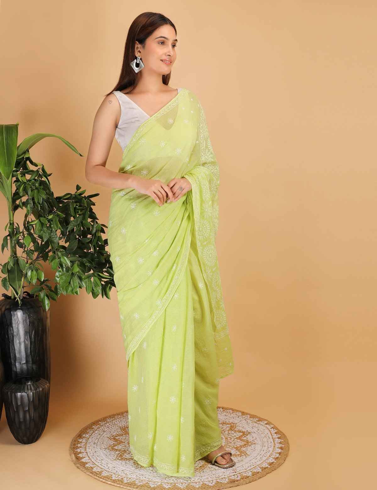 Shwet Light Green Kota Cotton Chikankari Saree