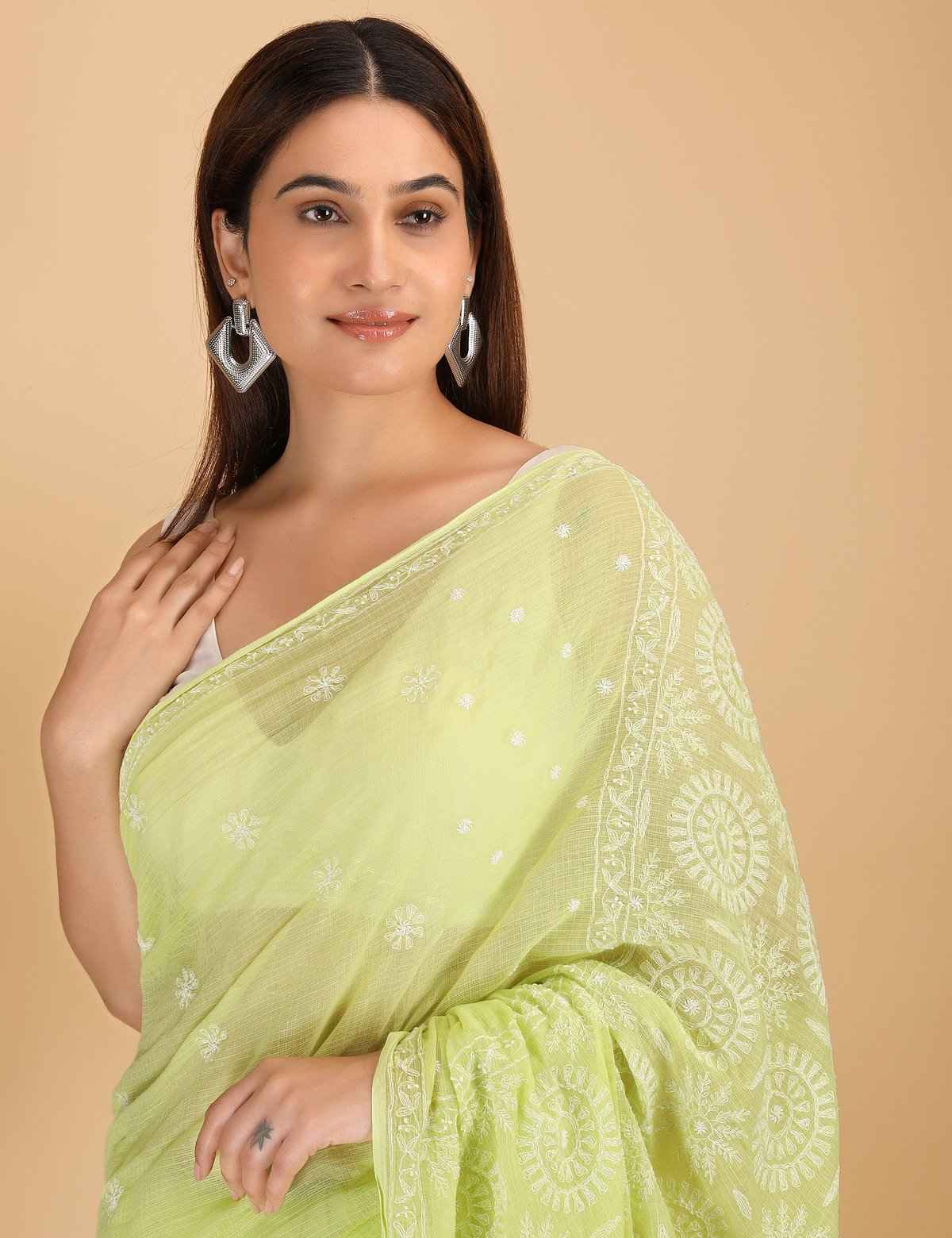Shwet Light Green Kota Cotton Chikankari Saree