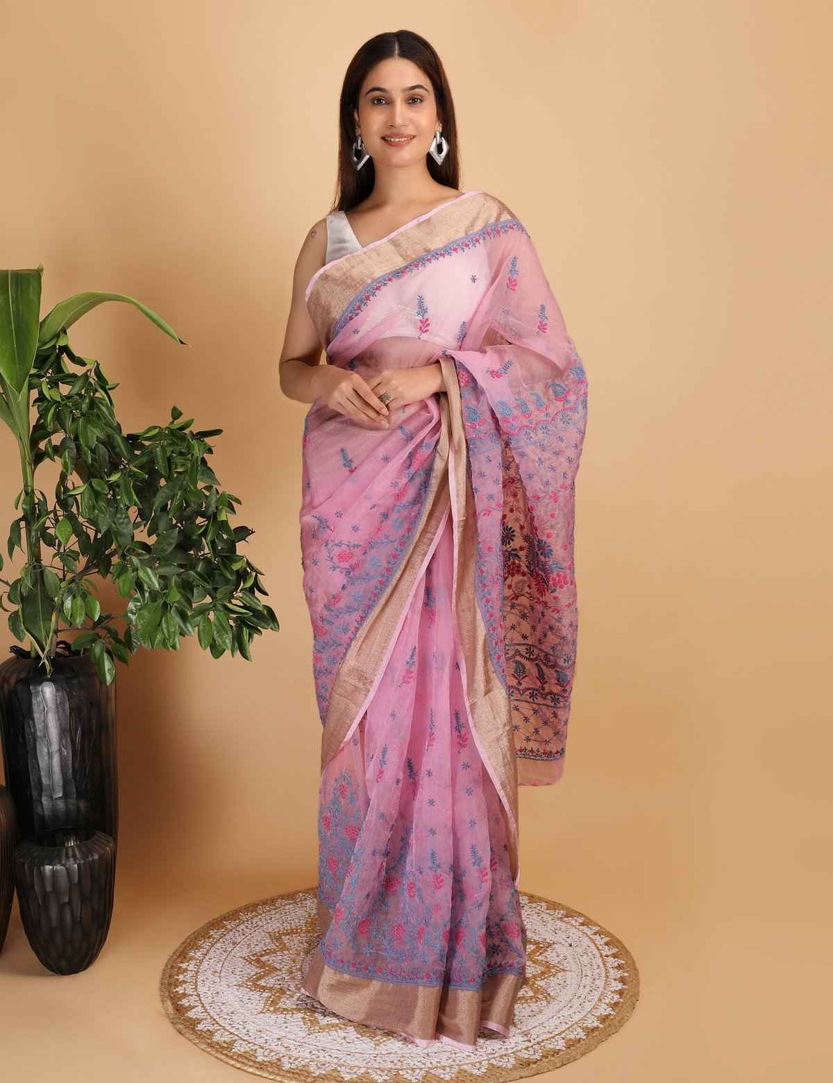 Shwet Magenta and Blue organza Chikankari Saree