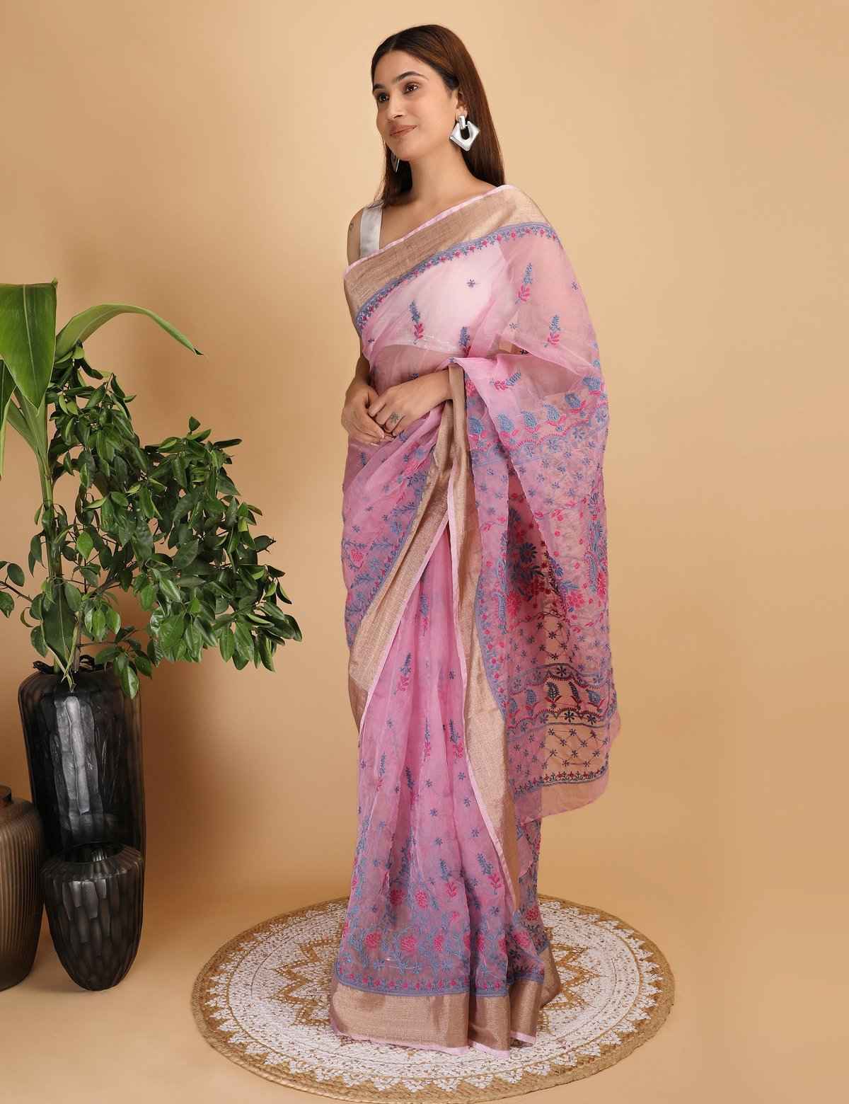Shwet Magenta and Blue organza Chikankari Saree