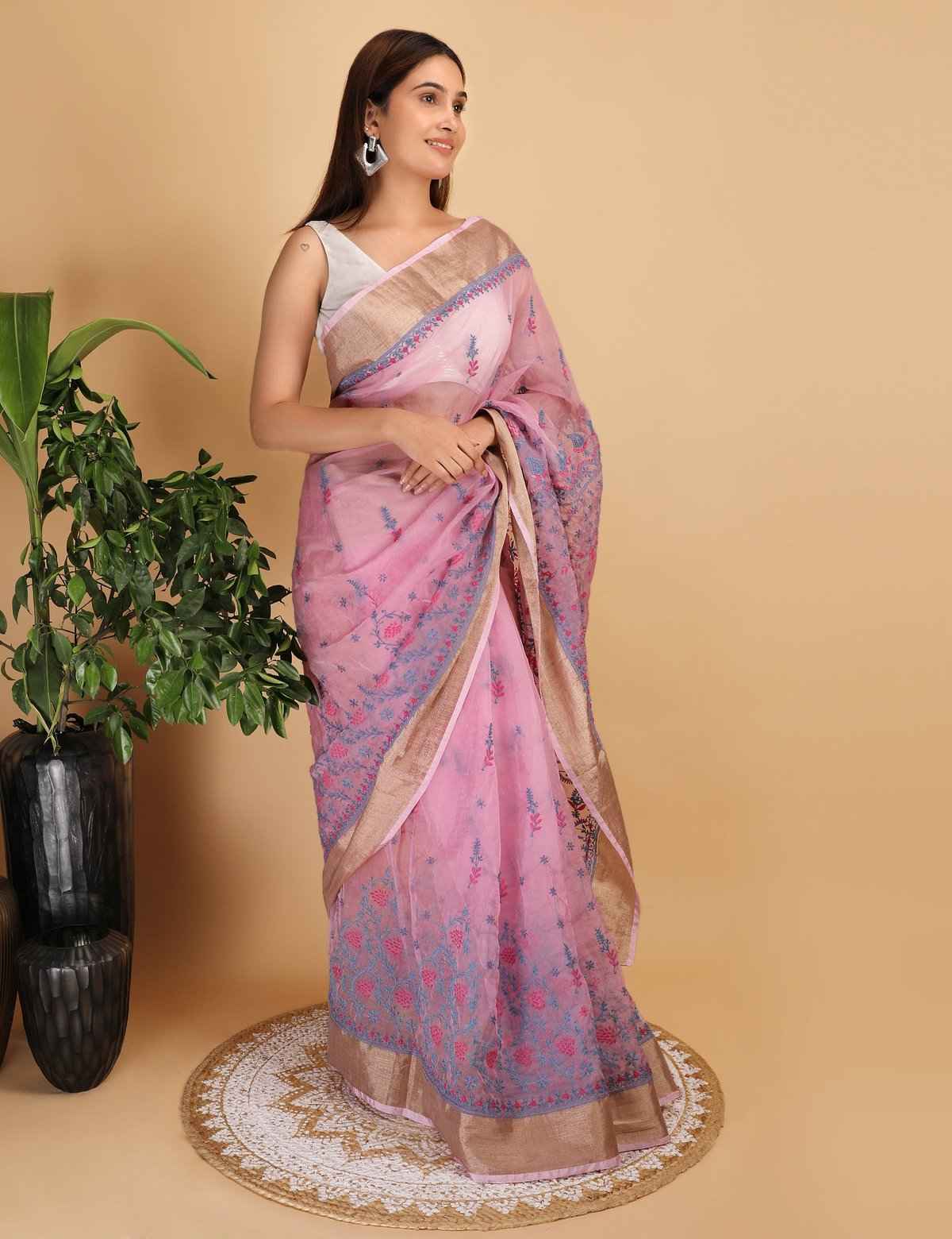 Shwet Magenta and Blue organza Chikankari Saree