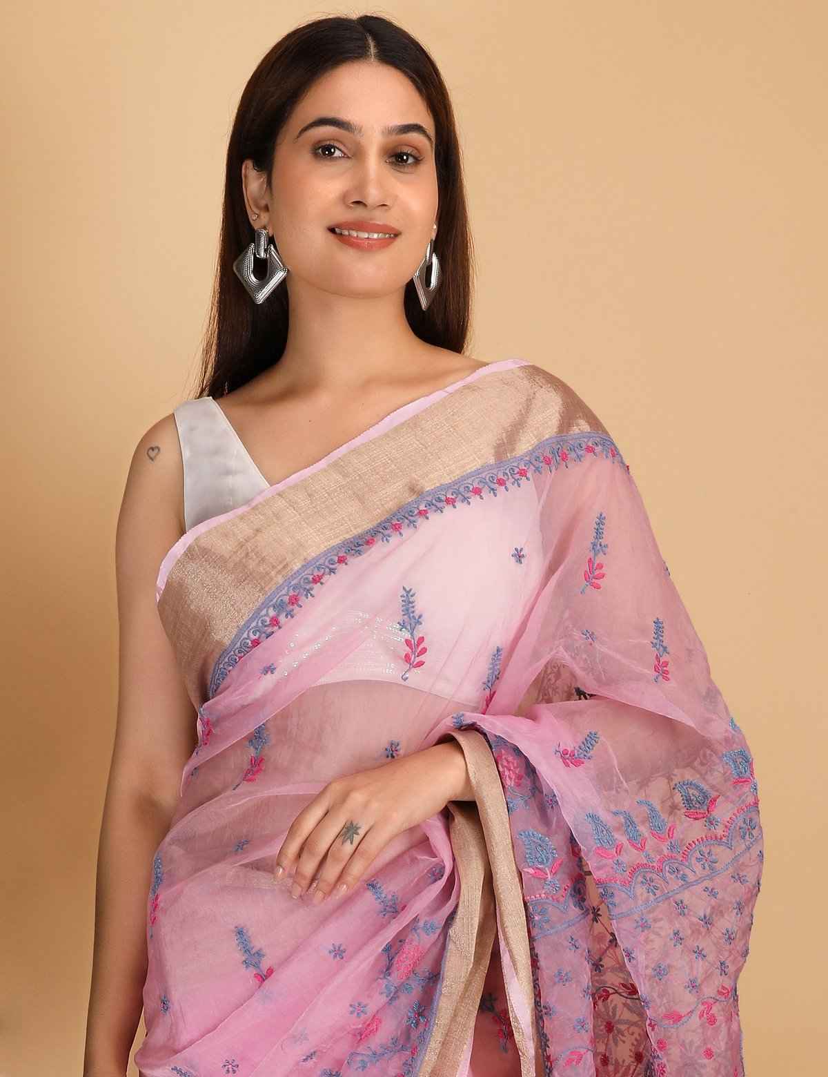 Shwet Magenta and Blue organza Chikankari Saree