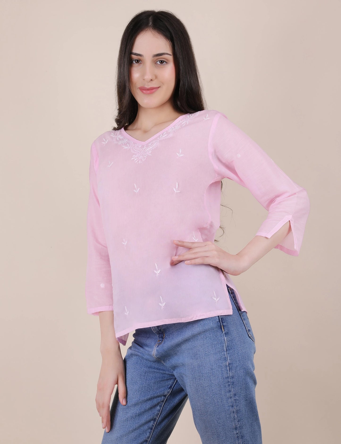 Women Hand Embroidered "Pastel Poise" Pink short top