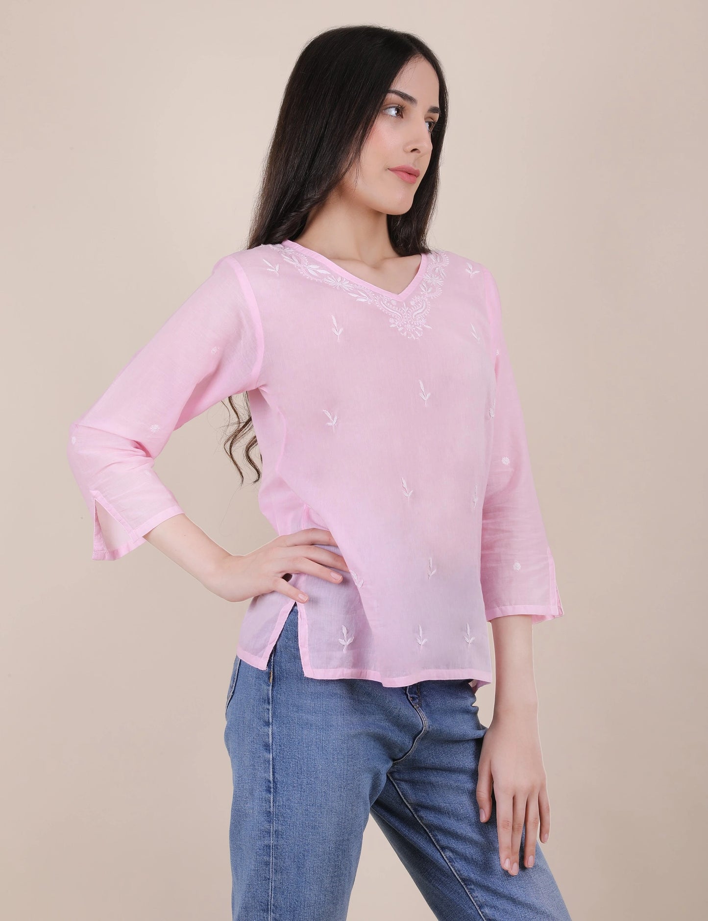 Women Hand Embroidered "Pastel Poise" Pink short top