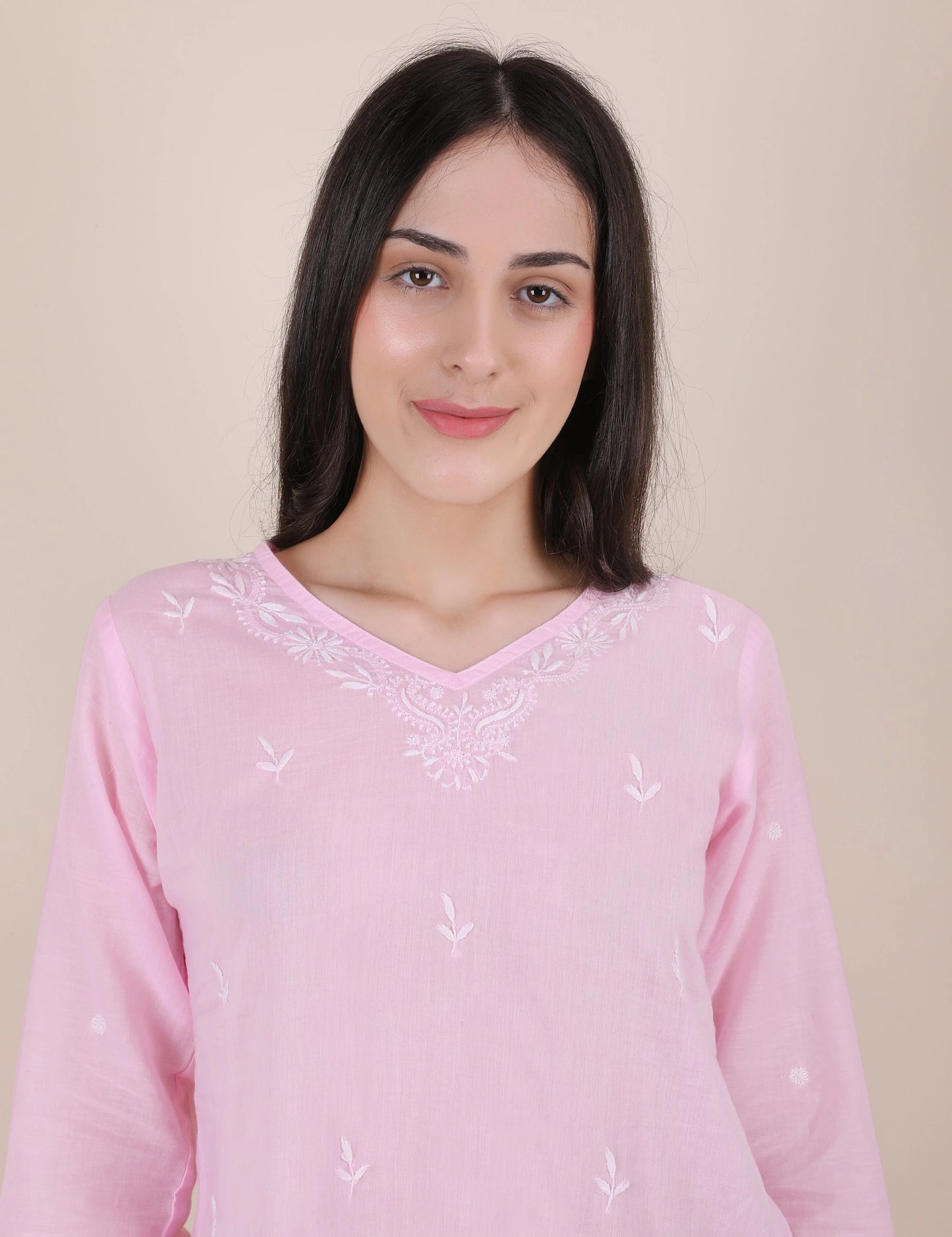 Women Hand Embroidered "Pastel Poise" Pink short top