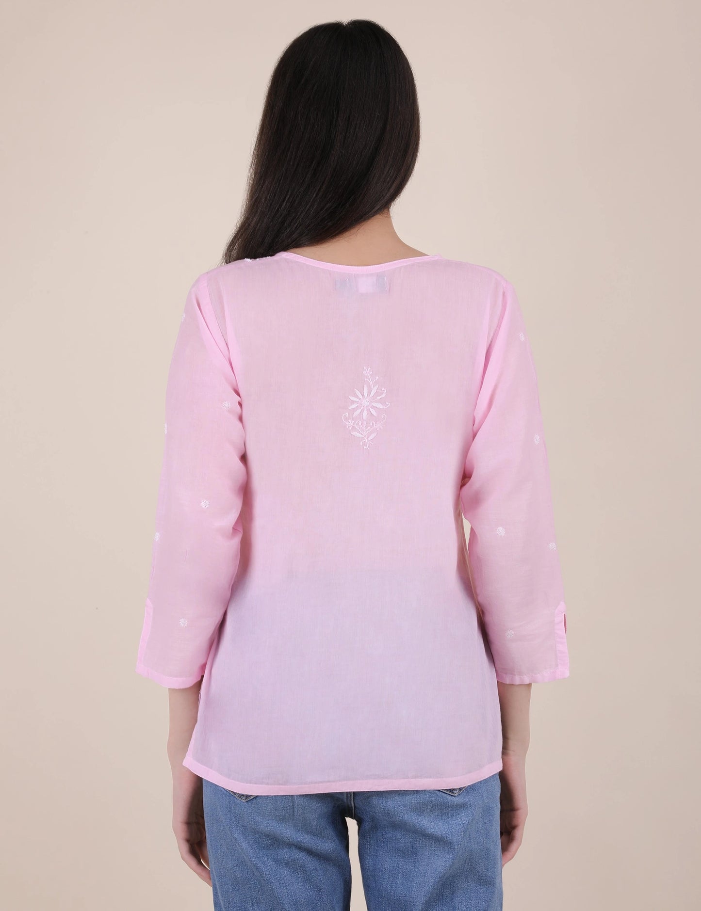 Women Hand Embroidered "Pastel Poise" Pink short top