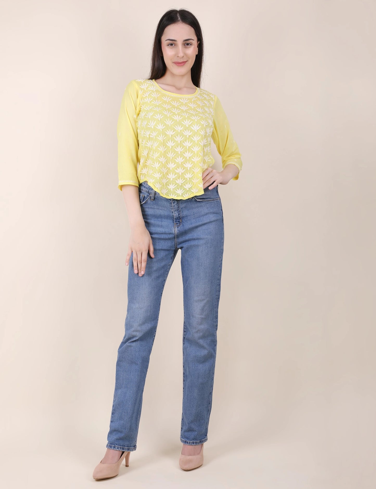 Shwet Women Hand Embroidered "Pastel Poise" Yellow short top