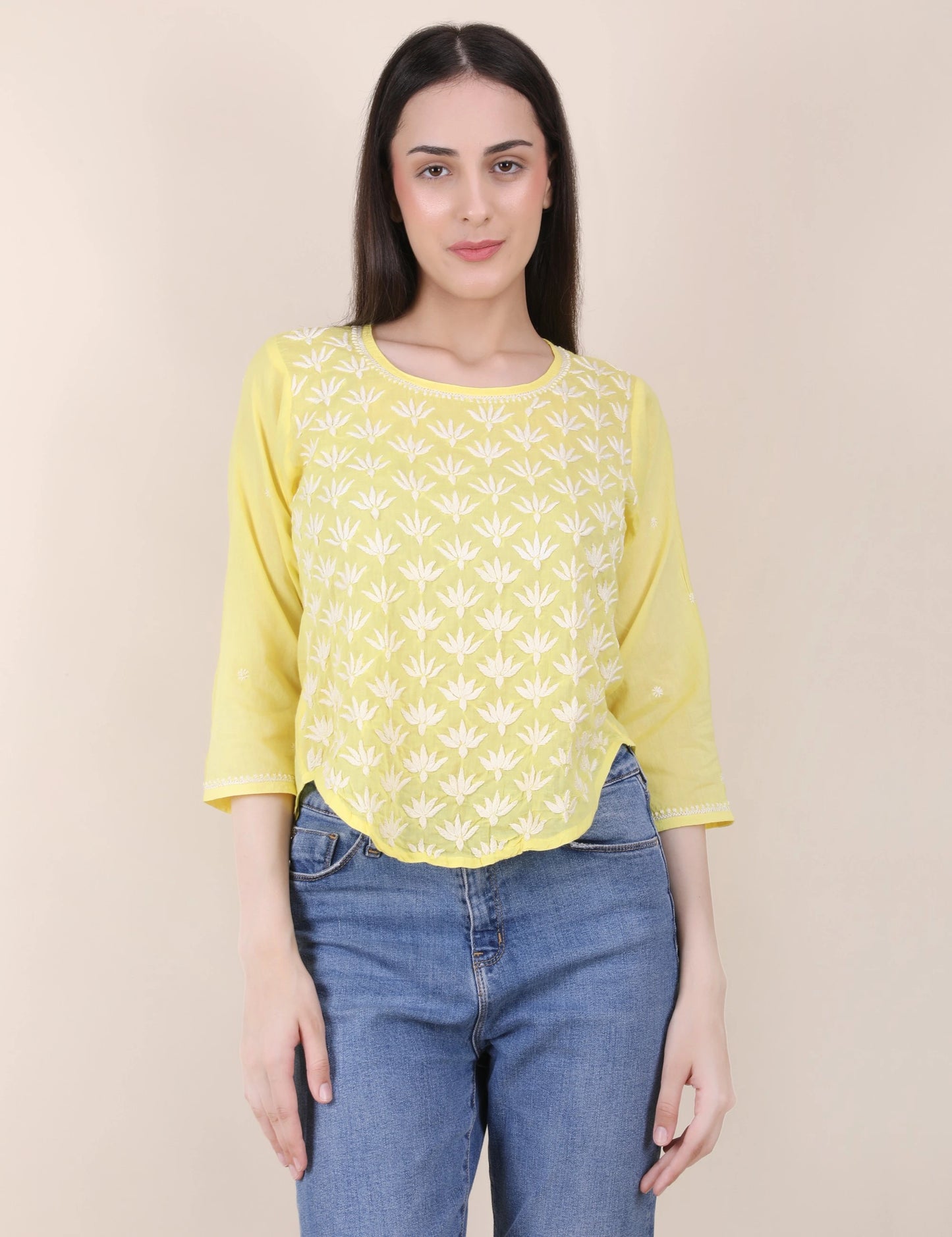 Shwet Women Hand Embroidered "Pastel Poise" Yellow short top