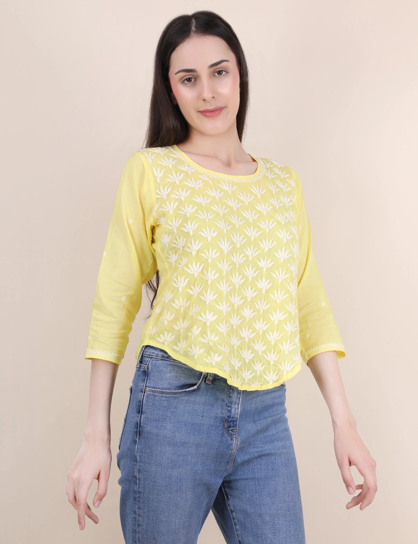 Shwet Women Hand Embroidered "Pastel Poise" Yellow short top