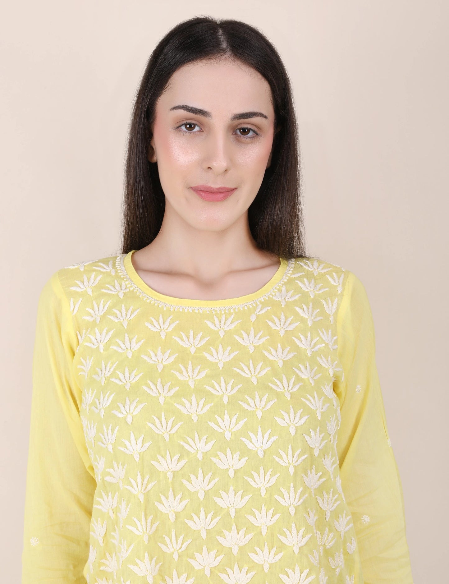 Shwet Women Hand Embroidered "Pastel Poise" Yellow short top