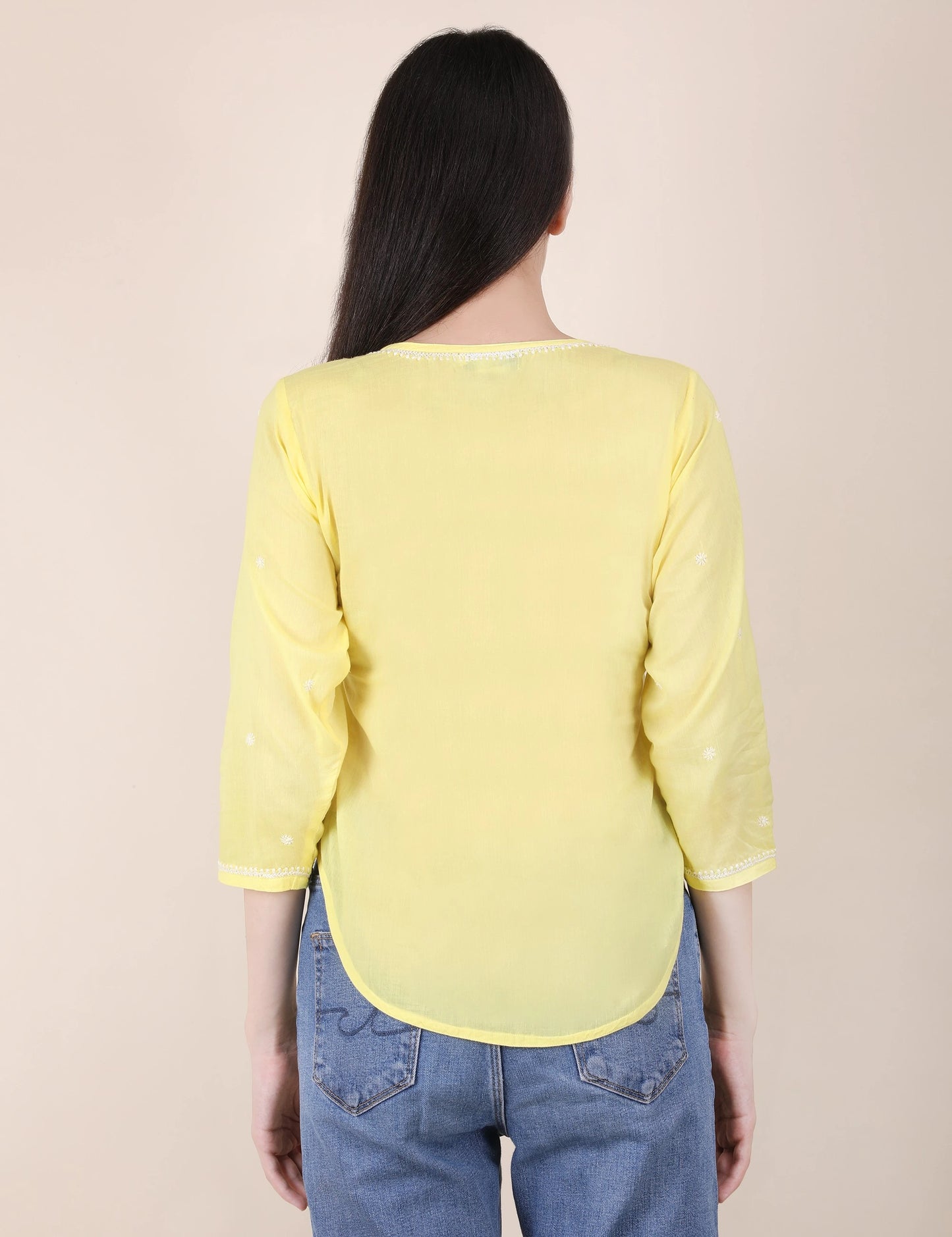 Shwet Women Hand Embroidered "Pastel Poise" Yellow short top